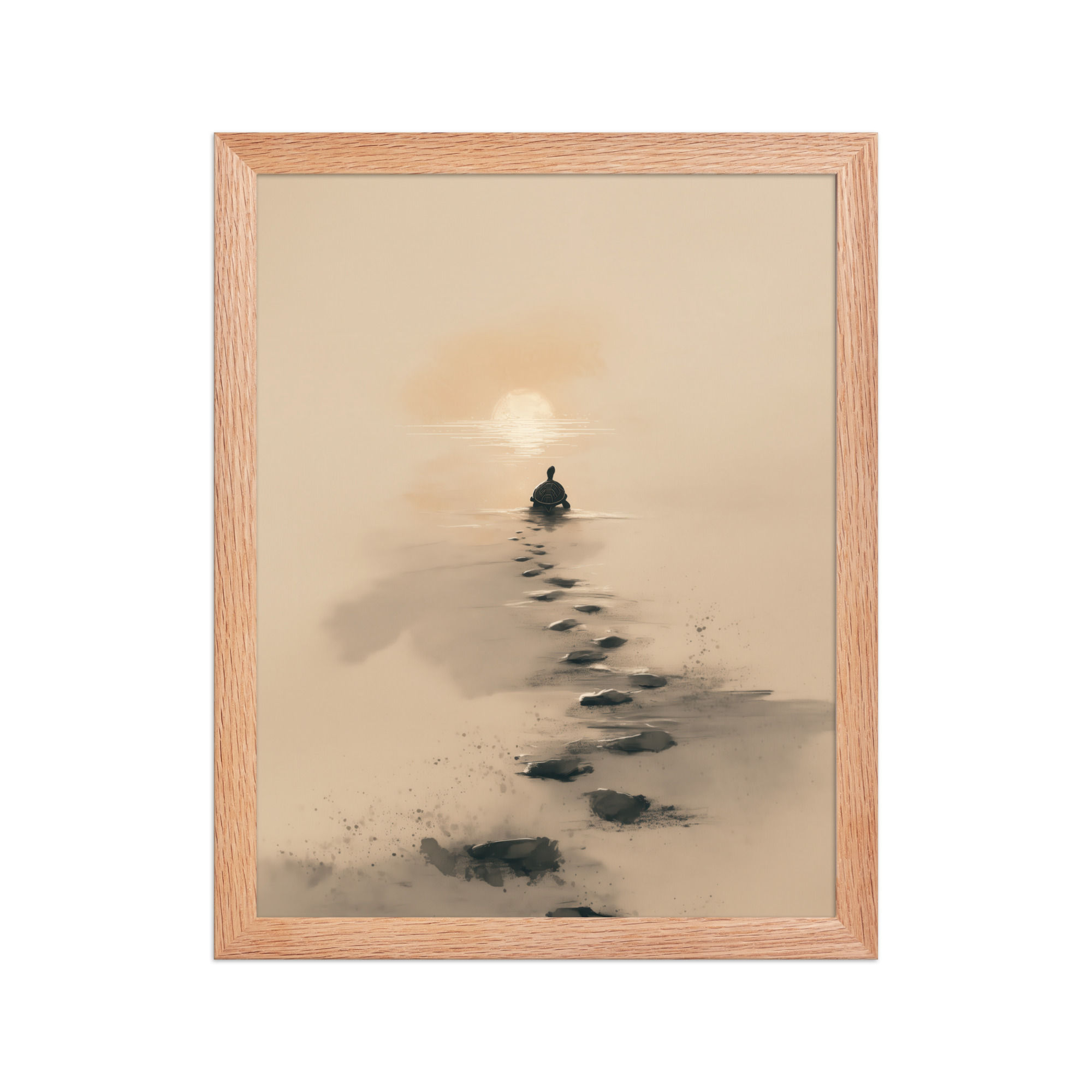 enhanced-matte-paper-framed-poster-in-red-oak-11x14-front-68f8a9c6858b9.jpg Turtle Sunset Path — Minimalist Japandi Turtle with Footprints Beach Sunset Wall Decor — Framed Poster - Image 10