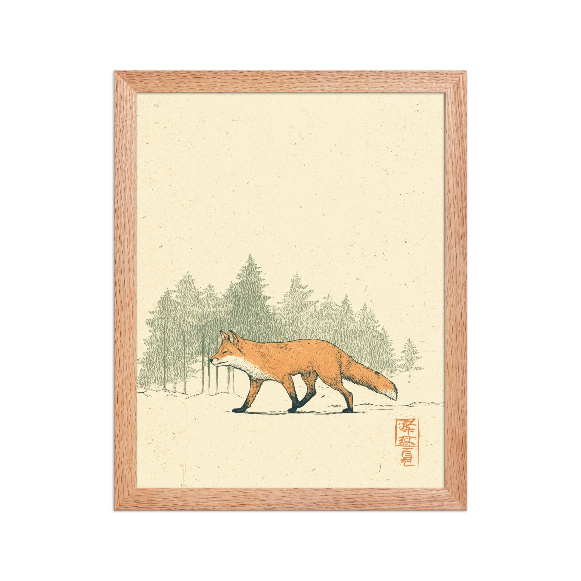 enhanced-matte-paper-framed-poster-in-red-oak-11x14-front-68f9031fd0096.jpg Fox in Pines — Red Fox Illustration on Textured Paper Wall Decor — Framed Poster - Image 10