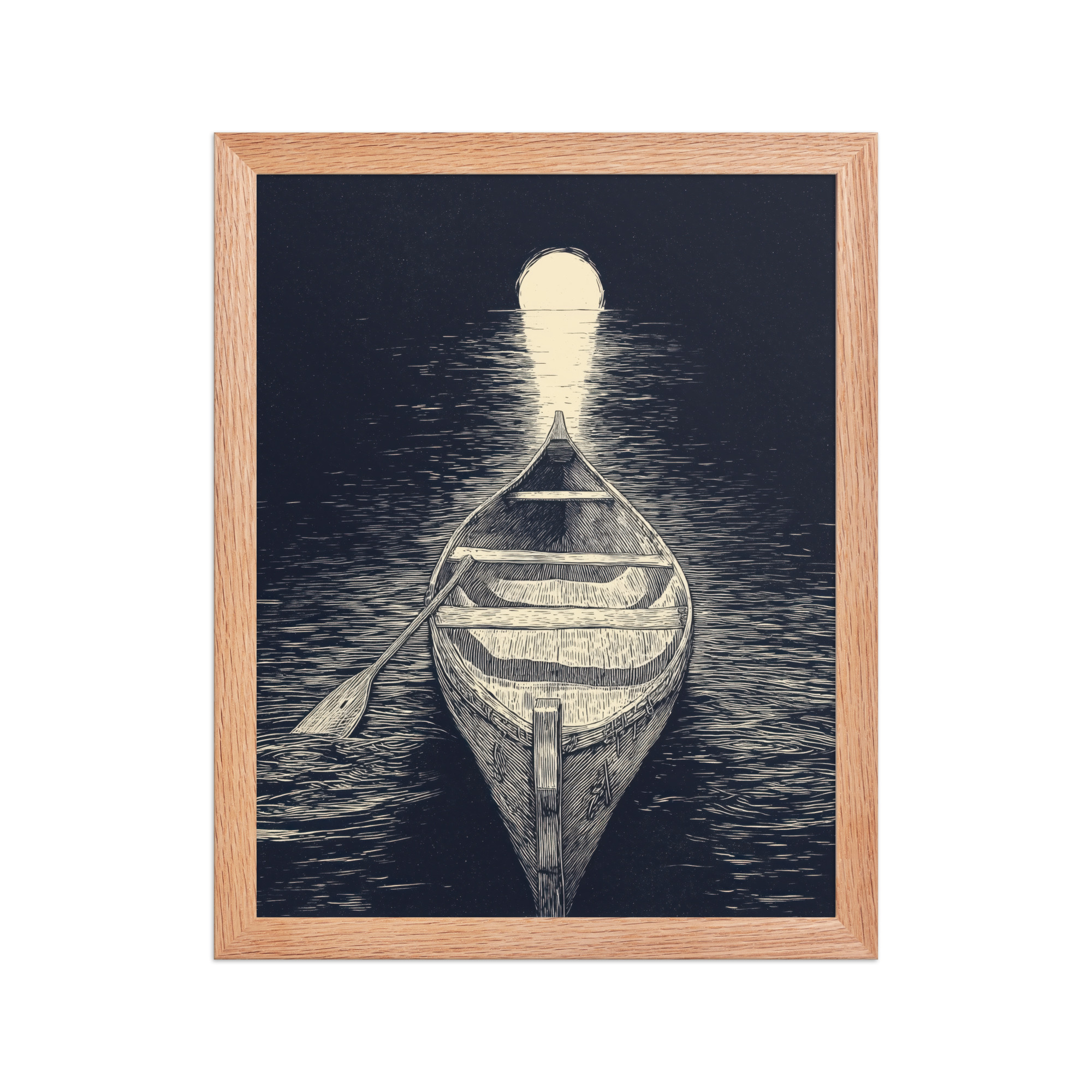 enhanced-matte-paper-framed-poster-in-red-oak-11x14-front-68f9cc5aaa6e4.jpg Moonlit Canoe — Woodcut Night Lake Wall Art — Framed Poster - Image 6