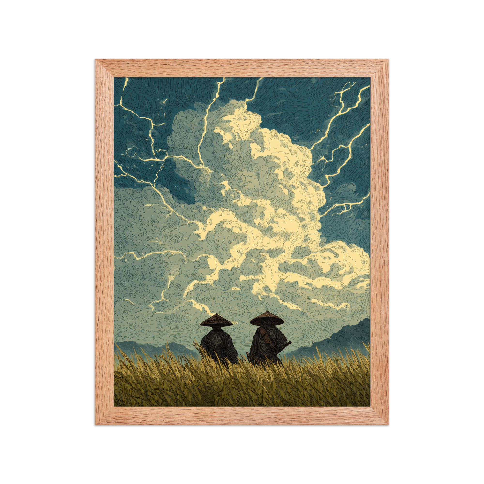 enhanced-matte-paper-framed-poster-in-red-oak-11x14-front-68f9f1a39ce31.jpg Before the Storm – Ukiyo-e Samurai Watchers Landscape Wall Art – Framed Poster - Image 9