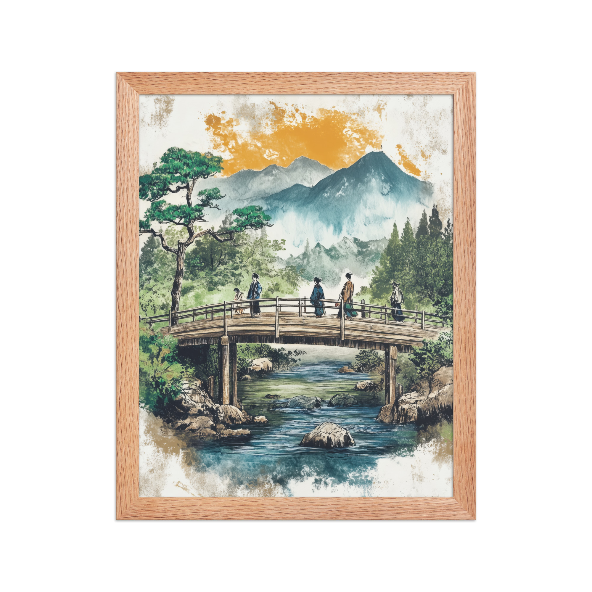 enhanced-matte-paper-framed-poster-in-red-oak-11x14-front-68f9f2037984d.jpg Bridge to the Highlands – Ukiyo-e Mountain Bridge Wall Art – Framed Poster - Image 8