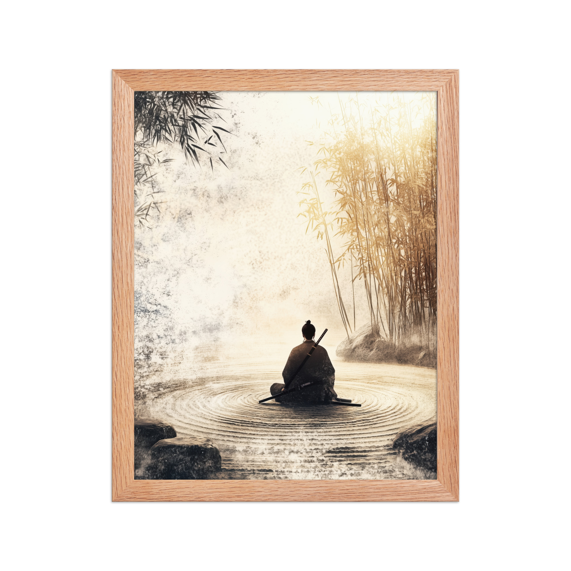 enhanced-matte-paper-framed-poster-in-red-oak-11x14-front-68fa162ed25bd.jpg Zen Samurai in Bamboo Light – Neutral Sumi-e Ink Samurai Meditation Wall Art – Framed Poster - Image 7