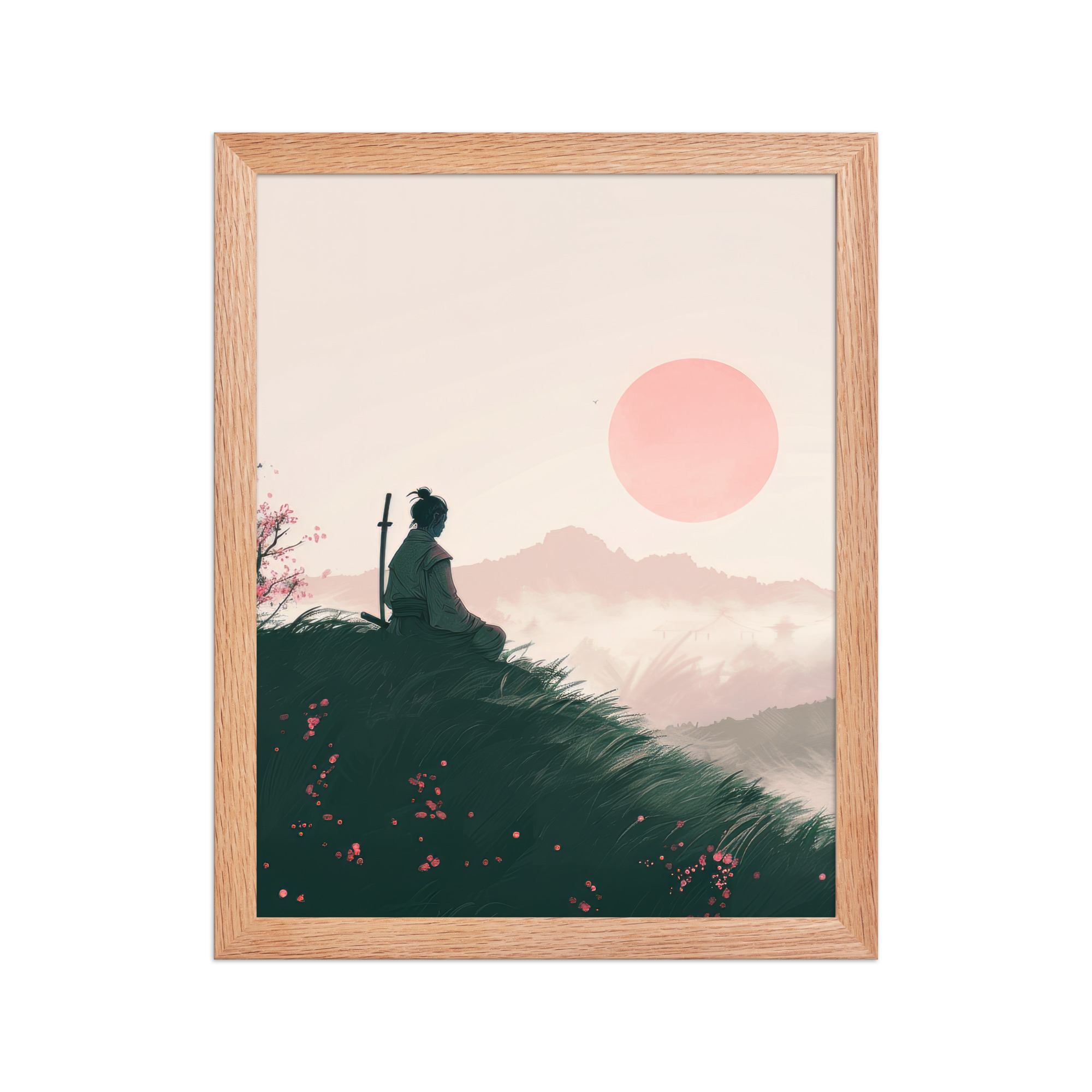enhanced-matte-paper-framed-poster-in-red-oak-11x14-front-68fa1673974cf.jpg Samurai at Dawn – Pink Sun Over Hills Quiet Strength at Daybreak Wall Decor – Framed Poster - Image 9