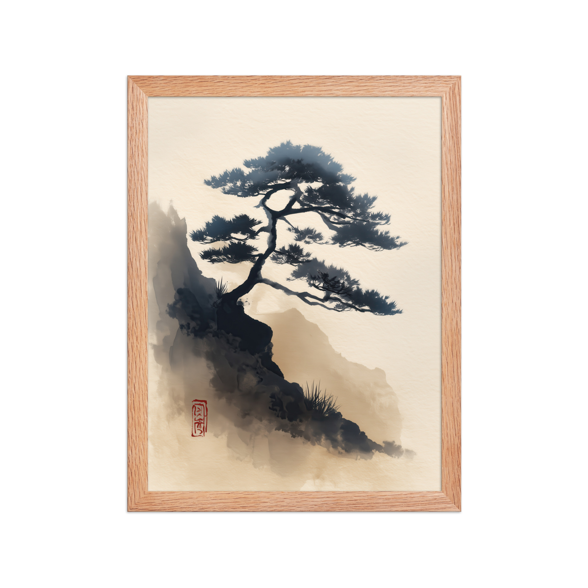 enhanced-matte-paper-framed-poster-in-red-oak-12x16-front-68f87d0d3c4a7.jpg Mountain Pine in Soft Ink — Sumi-e Japanese Landscape Wall Decor — Framed Poster - Image 9