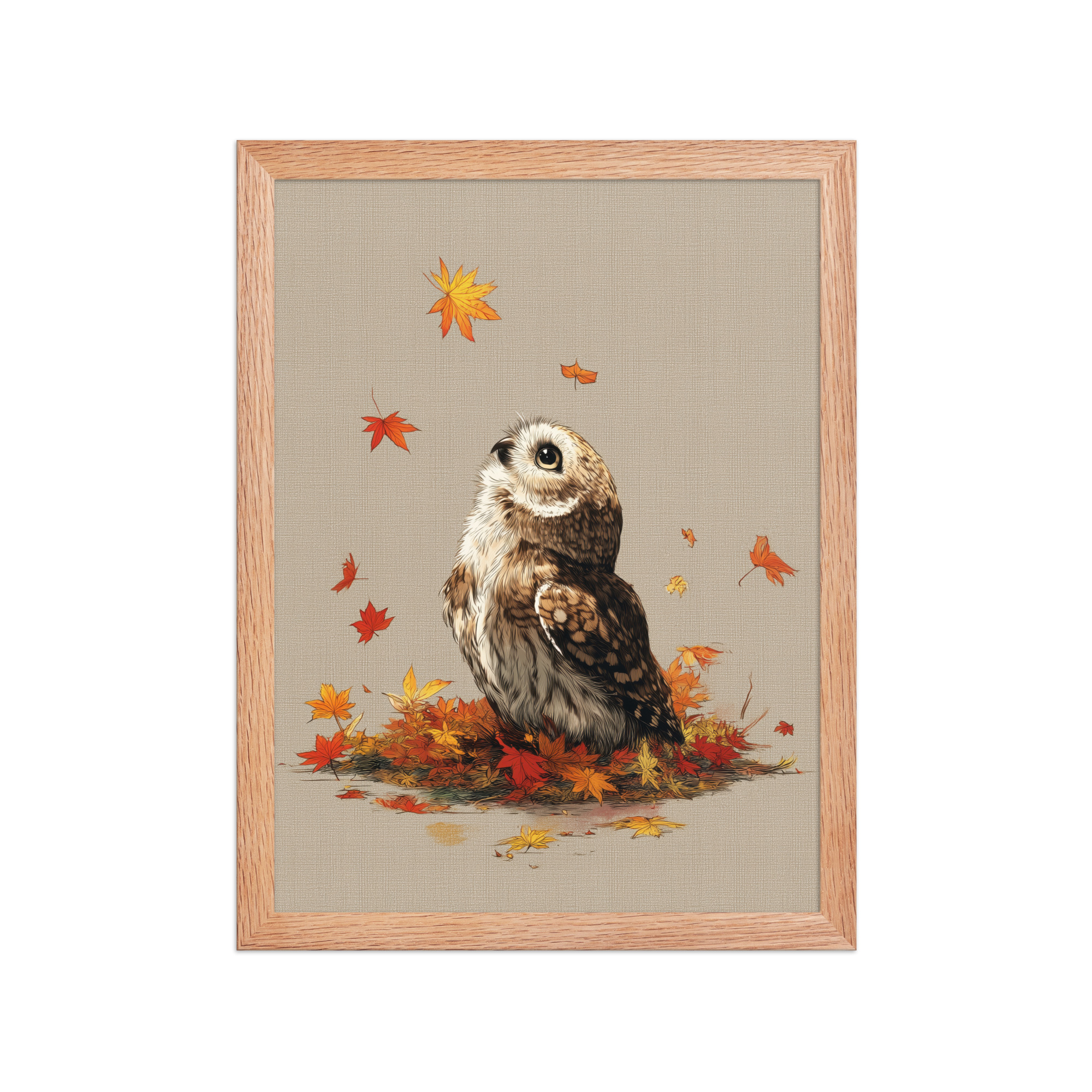 enhanced-matte-paper-framed-poster-in-red-oak-12x16-front-68f89a1ad8635.jpg Autumn Gaze Owl — Owl Illustration with Falling Leaves Wall Art — Framed Poster - Image 8