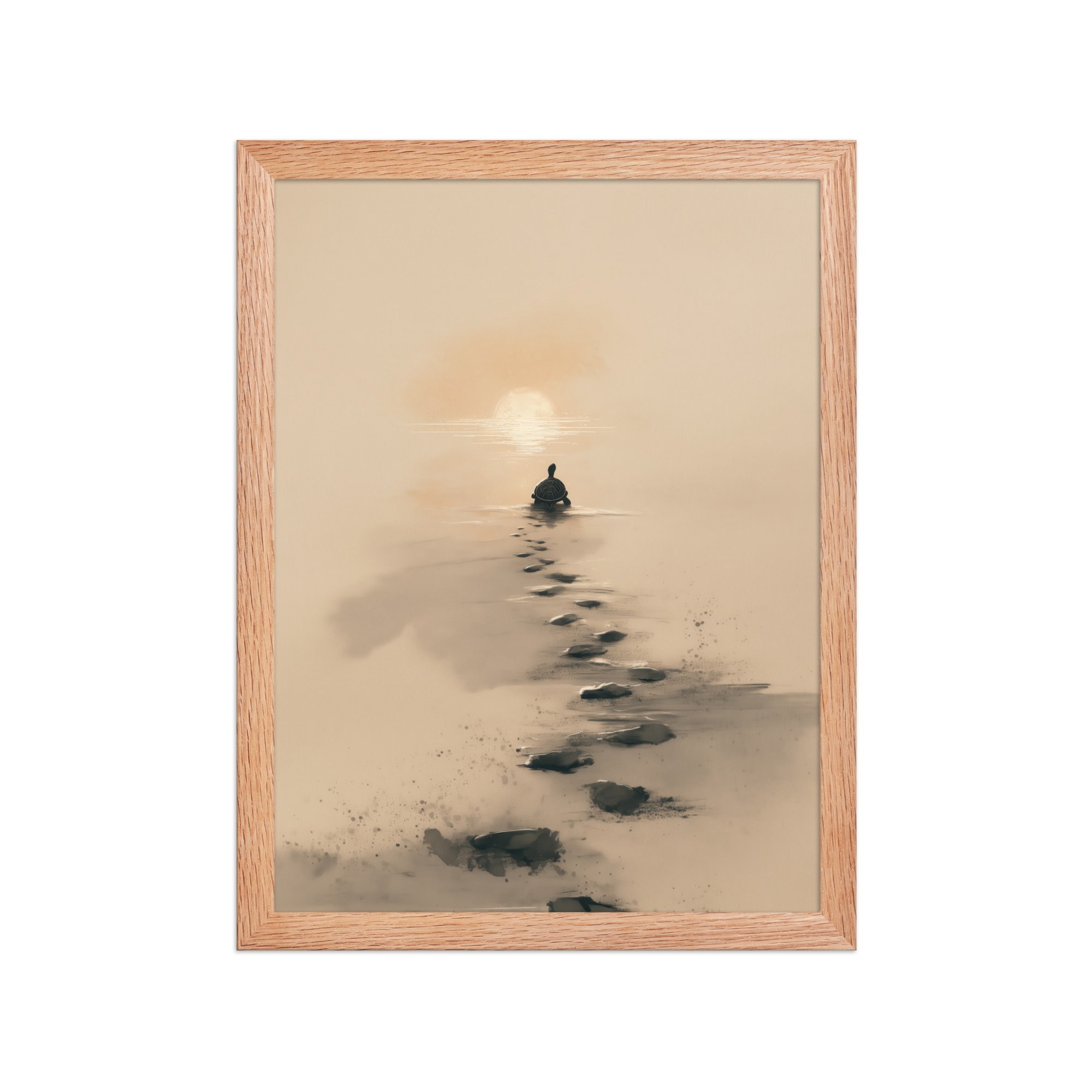 enhanced-matte-paper-framed-poster-in-red-oak-12x16-front-68f8a9c68593a.jpg Turtle Sunset Path — Minimalist Japandi Turtle with Footprints Beach Sunset Wall Decor — Framed Poster - Image 11
