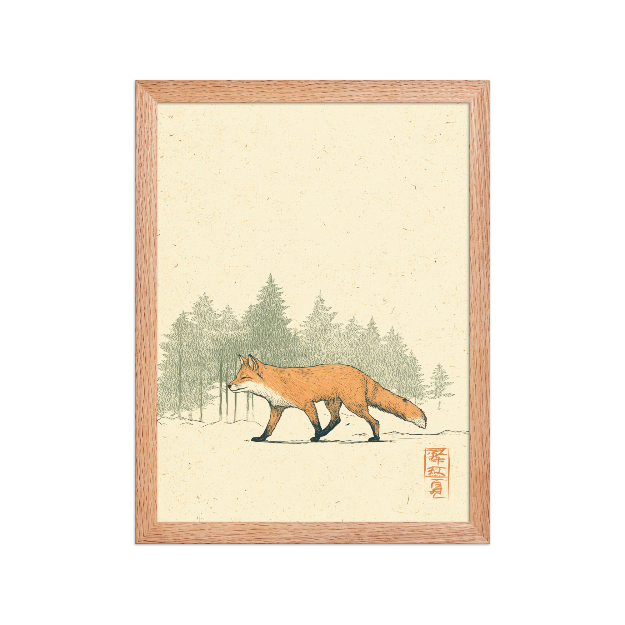 enhanced-matte-paper-framed-poster-in-red-oak-12x16-front-68f9031fd0123.jpg Fox in Pines — Red Fox Illustration on Textured Paper Wall Decor — Framed Poster - Image 11