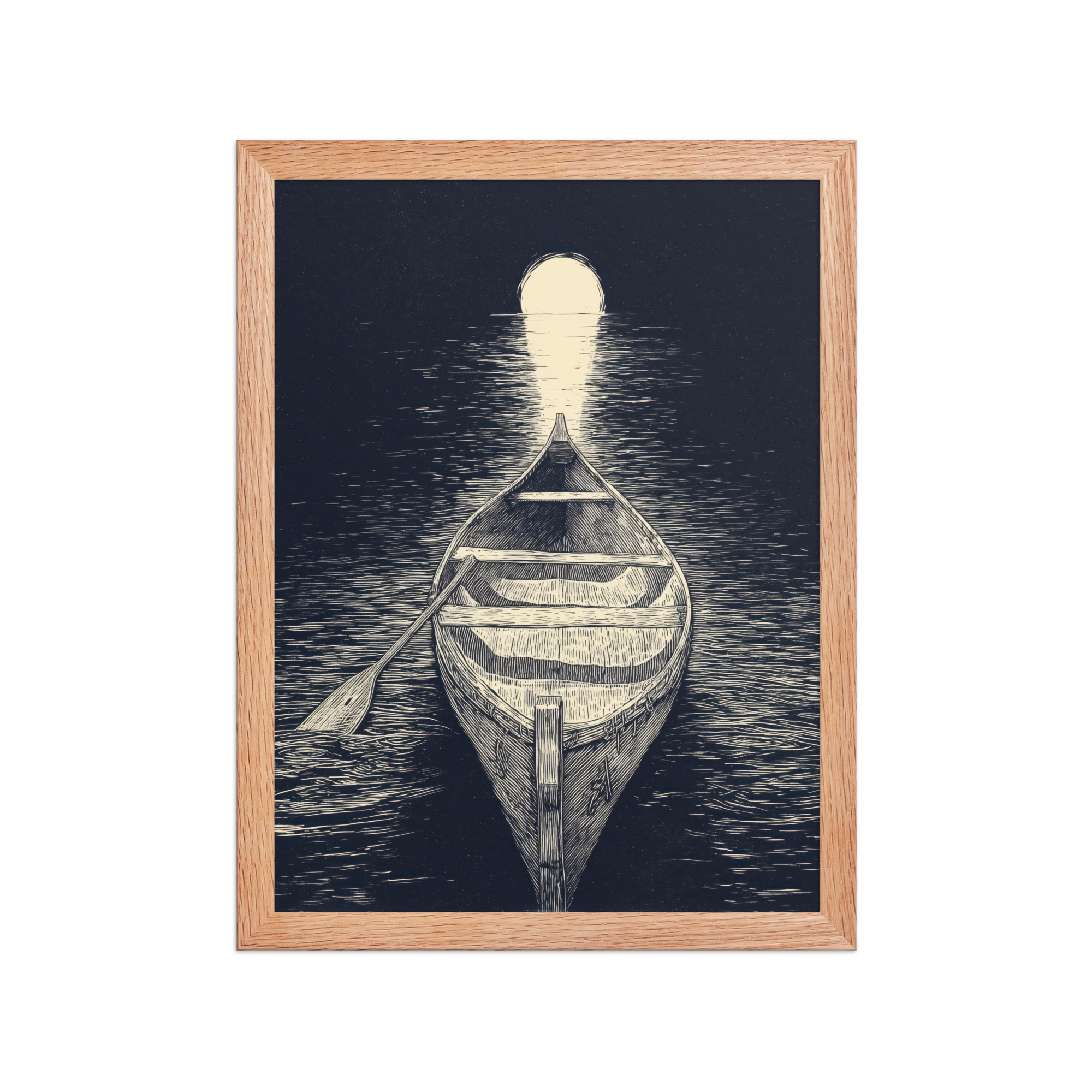 enhanced-matte-paper-framed-poster-in-red-oak-12x16-front-68f9cc5aaa7d9.jpg Moonlit Canoe — Woodcut Night Lake Wall Art — Framed Poster - Image 7