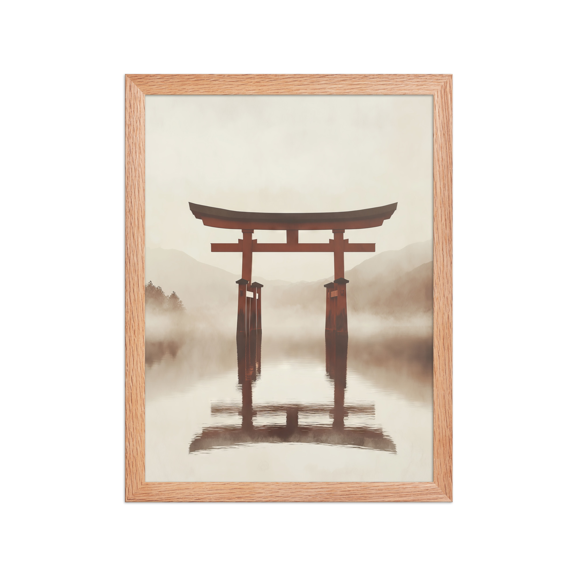 enhanced-matte-paper-framed-poster-in-red-oak-12x16-front-68f9cfe6712f8.jpg Torii Reflections — Minimal Misty Lake Wall Art — Framed Poster - Image 11