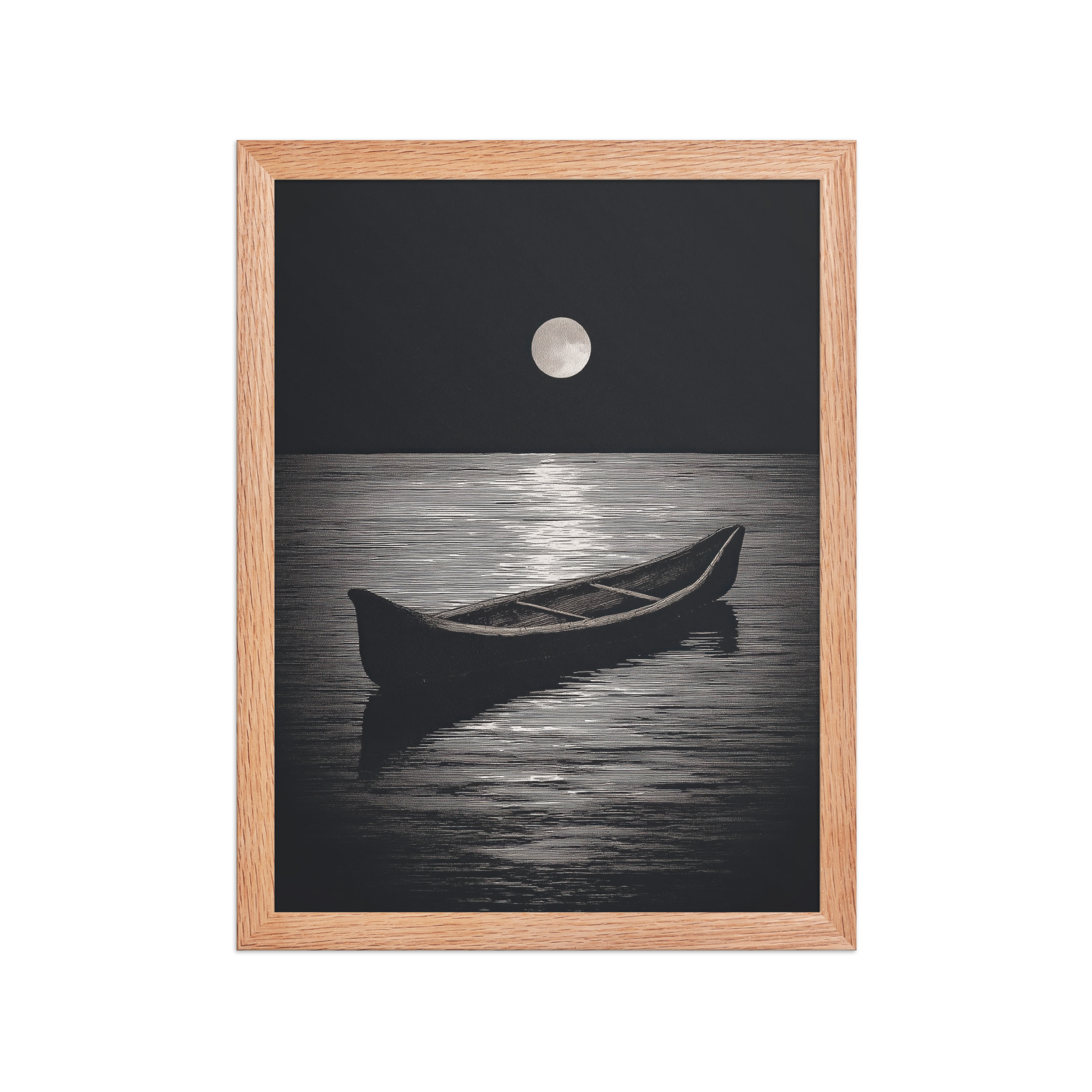 enhanced-matte-paper-framed-poster-in-red-oak-12x16-front-68f9d0a4e5a07.jpg Moonlit Canoe II — Minimal Silver Moon Night Wall Art — Framed Poster - Image 11