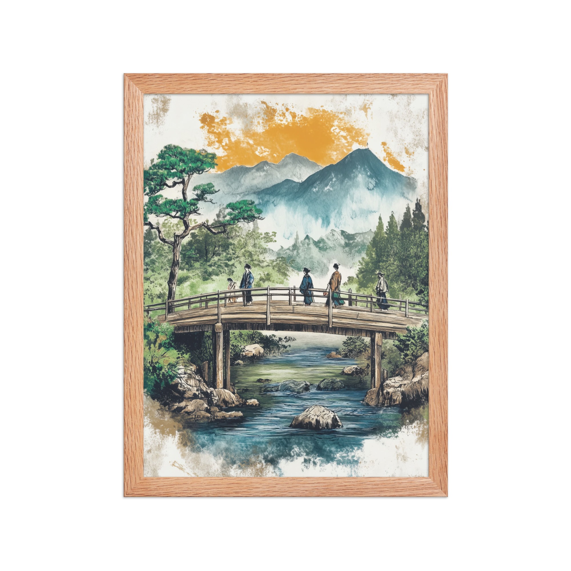 enhanced-matte-paper-framed-poster-in-red-oak-12x16-front-68f9f2037992e.jpg Bridge to the Highlands – Ukiyo-e Mountain Bridge Wall Art – Framed Poster - Image 9