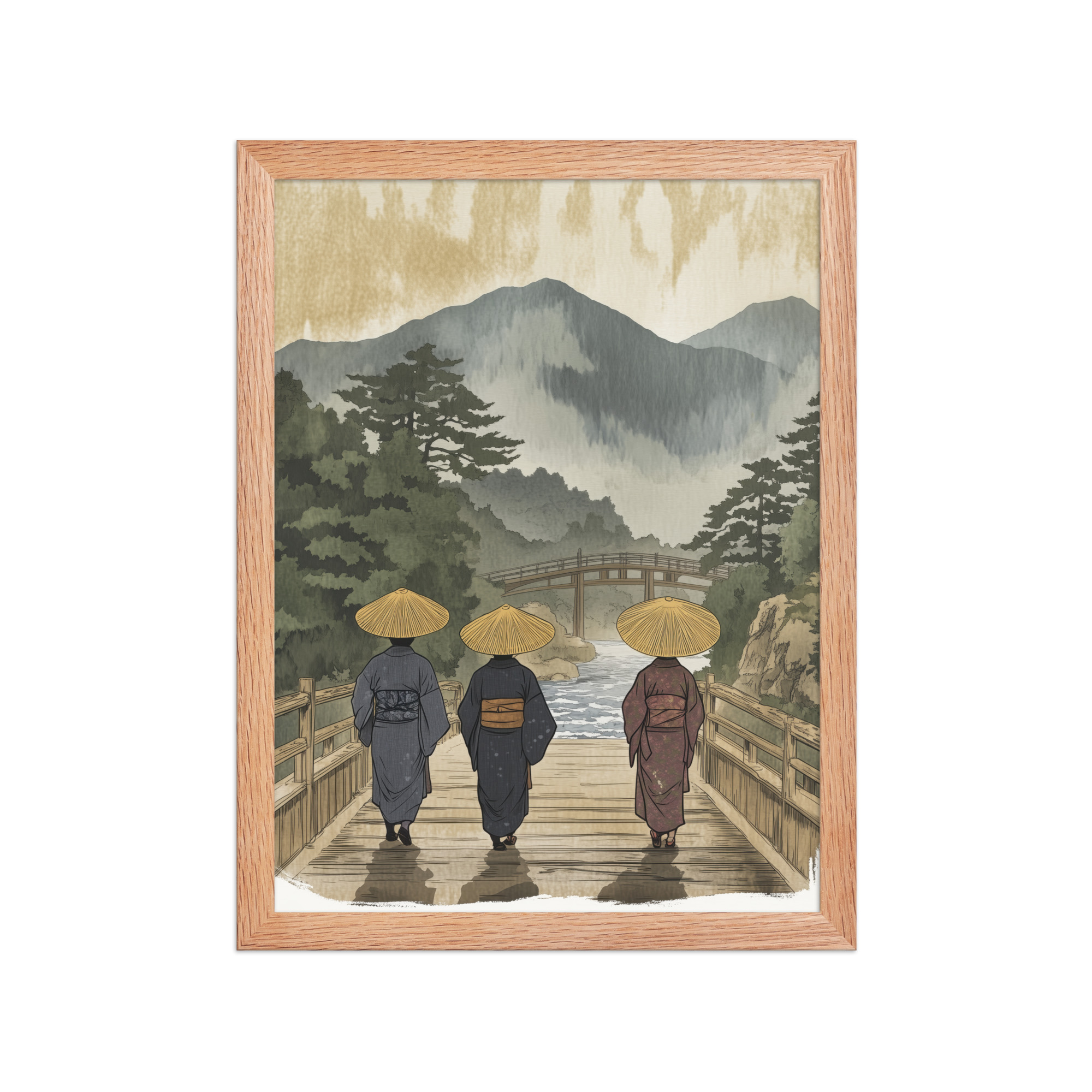 enhanced-matte-paper-framed-poster-in-red-oak-12x16-front-68f9f30d7e822.jpg Morning Walk to the Temple – Ukiyo-e Wall Art Print – Framed Poster - Image 11