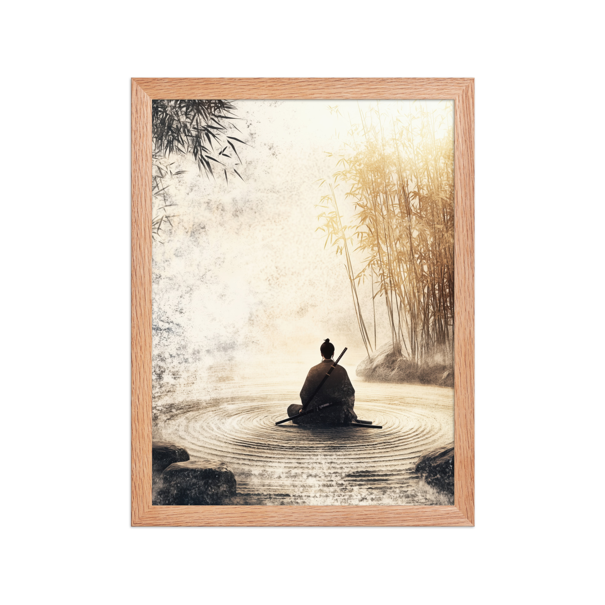 enhanced-matte-paper-framed-poster-in-red-oak-12x16-front-68fa162ed2646.jpg Zen Samurai in Bamboo Light – Neutral Sumi-e Ink Samurai Meditation Wall Art – Framed Poster - Image 8