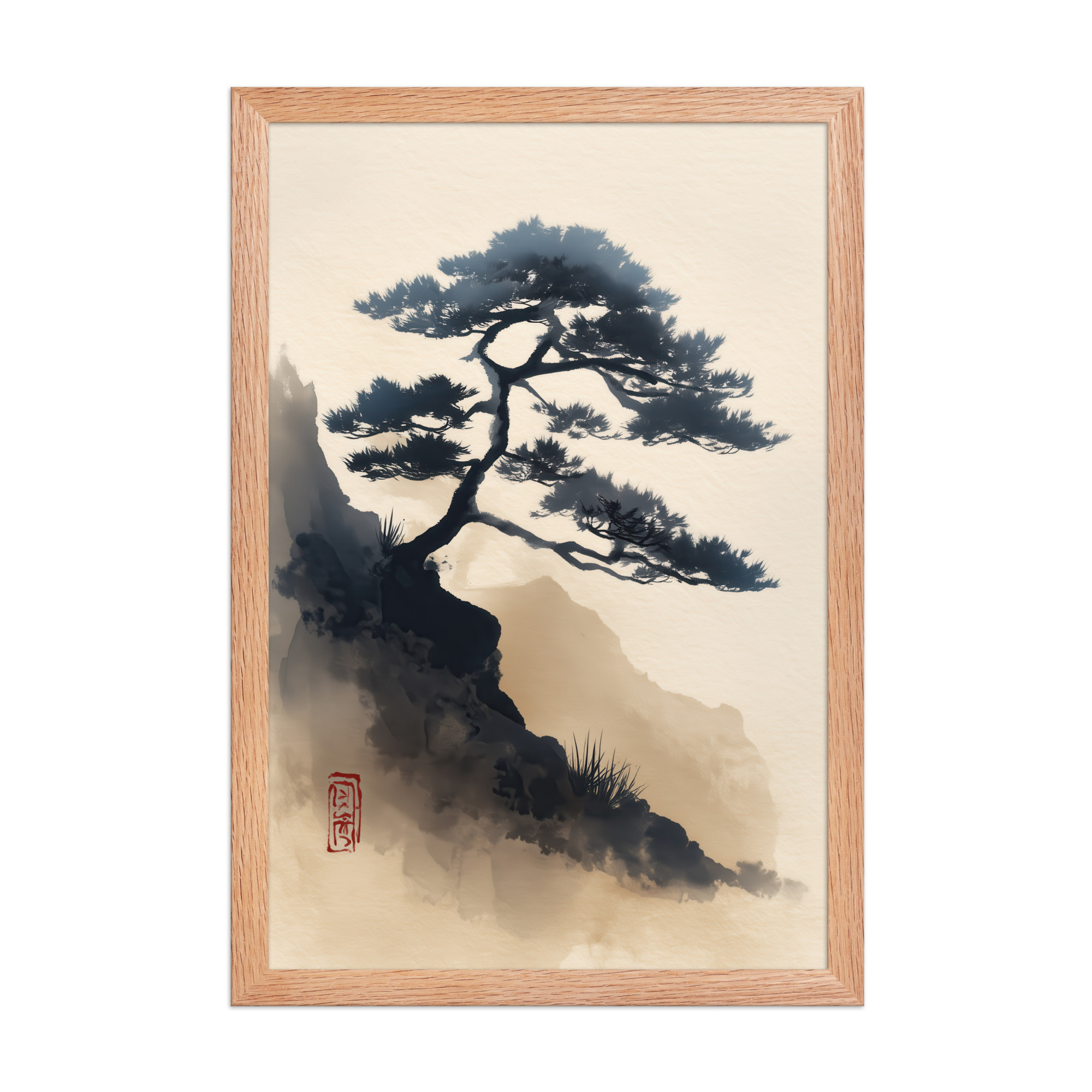 enhanced-matte-paper-framed-poster-in-red-oak-12x18-front-68f87d0d3c534.jpg Mountain Pine in Soft Ink — Sumi-e Japanese Landscape Wall Decor — Framed Poster - Image 10