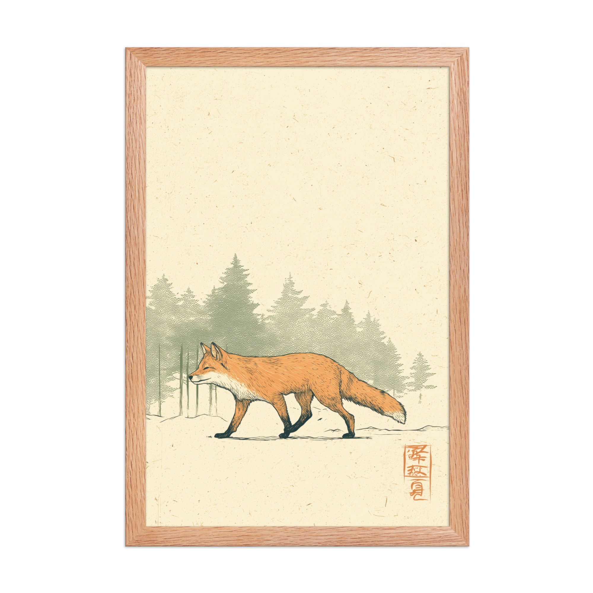 enhanced-matte-paper-framed-poster-in-red-oak-12x18-front-68f9031fd01b6.jpg Fox in Pines — Red Fox Illustration on Textured Paper Wall Decor — Framed Poster - Image 12