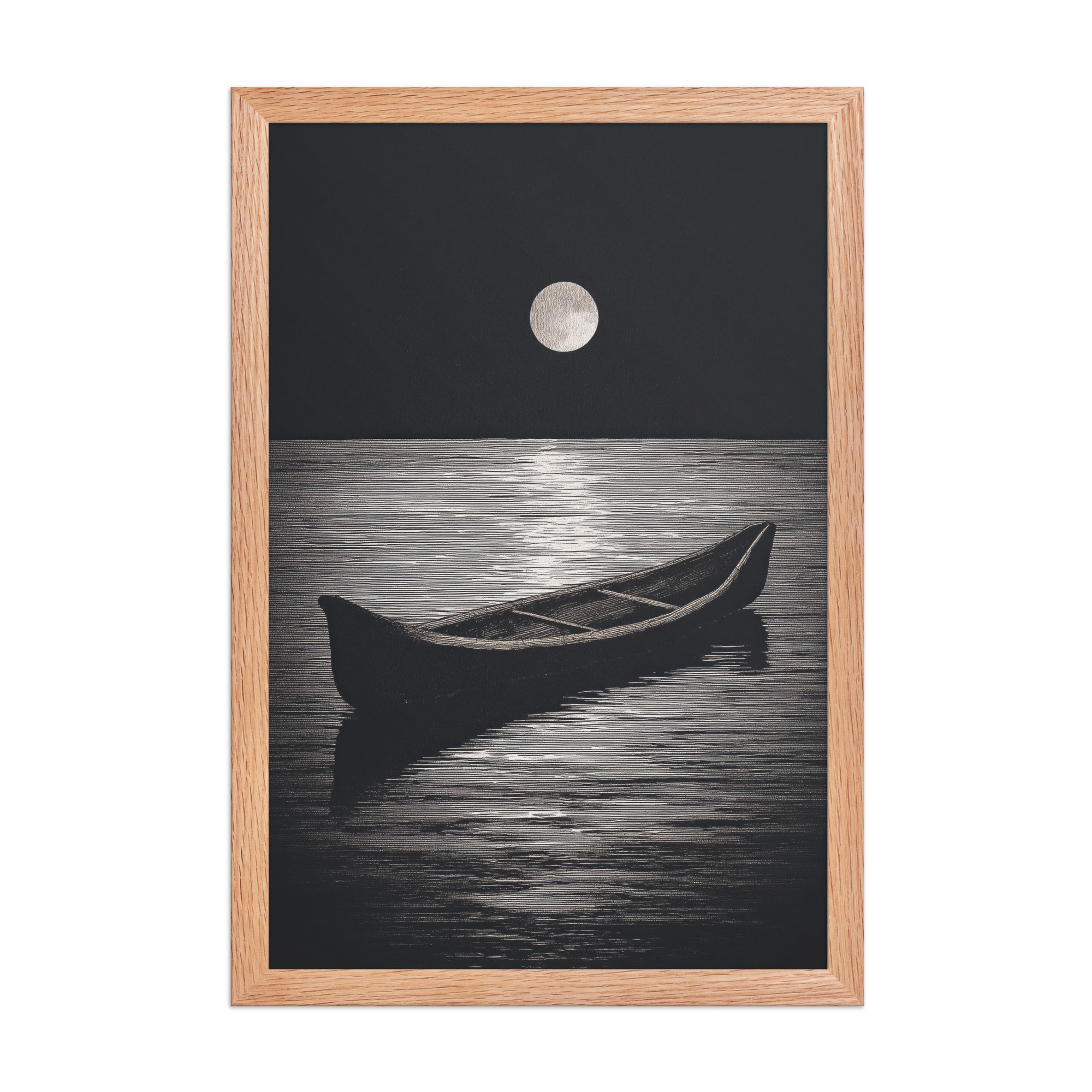 enhanced-matte-paper-framed-poster-in-red-oak-12x18-front-68f9d0a4e5a91.jpg Moonlit Canoe II — Minimal Silver Moon Night Wall Art — Framed Poster - Image 12
