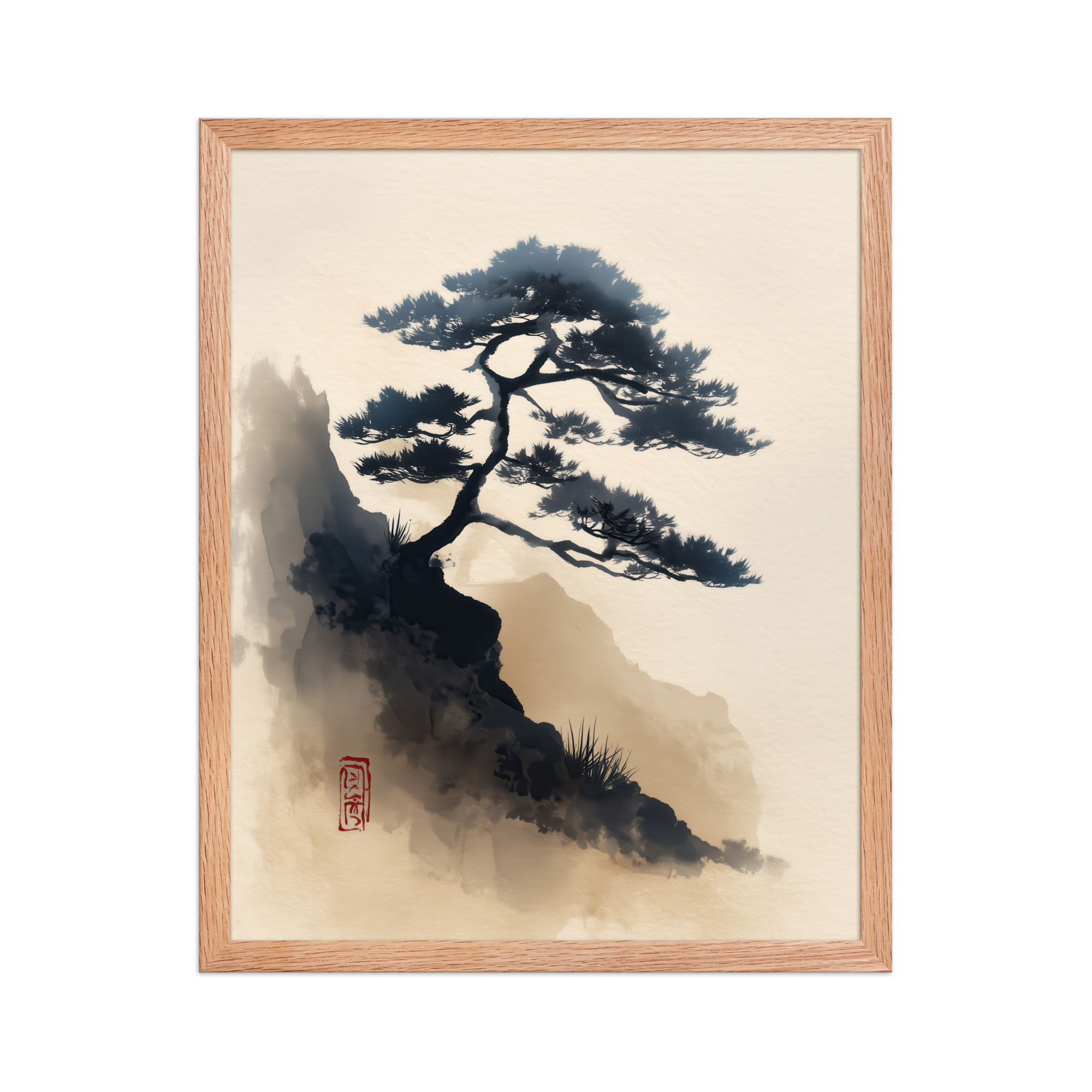 enhanced-matte-paper-framed-poster-in-red-oak-16x20-front-68f87d0d3c5be.jpg Mountain Pine in Soft Ink — Sumi-e Japanese Landscape Wall Decor — Framed Poster - Image 11