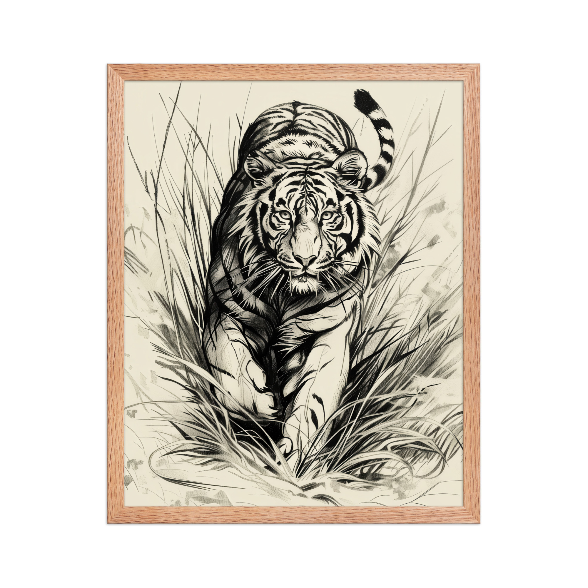 enhanced-matte-paper-framed-poster-in-red-oak-16x20-front-68f89b4893ae3.jpg Tiger in Brush — Monochrome Ink Bengal Tiger Wall Art — Framed Poster - Image 5