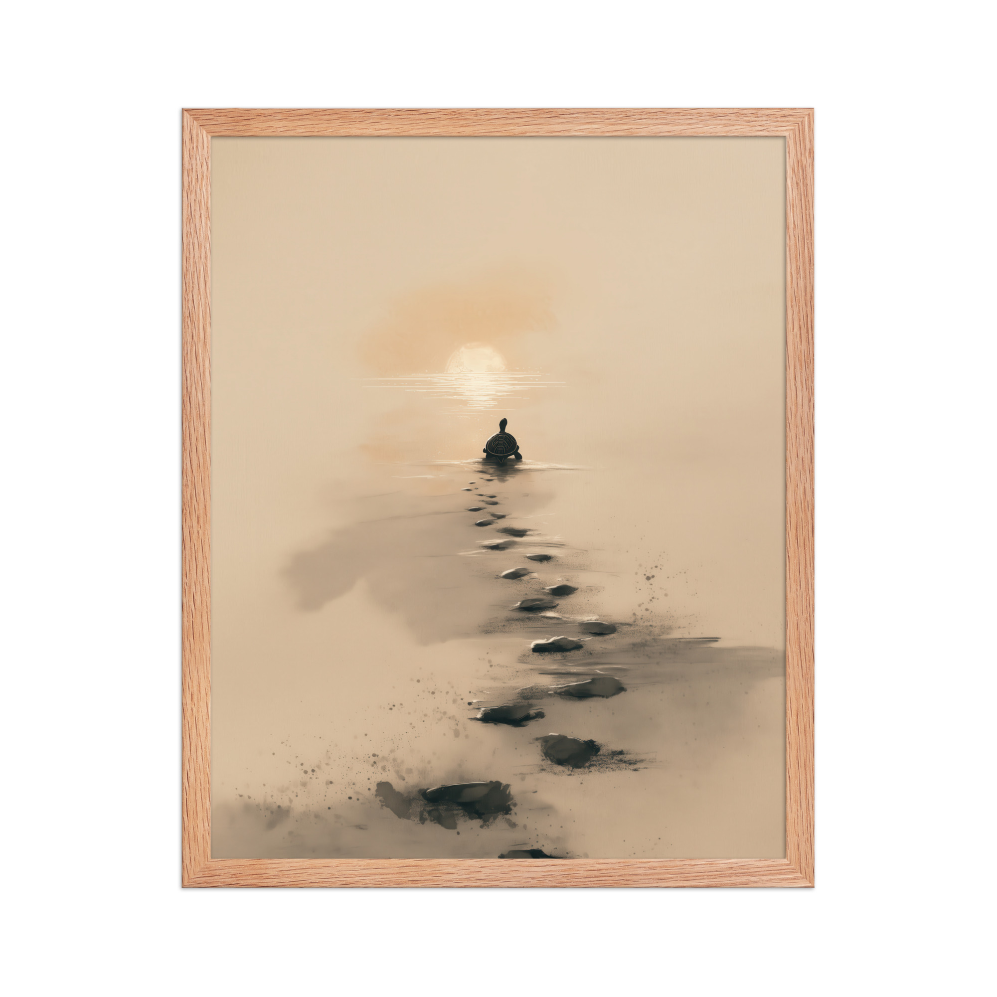 enhanced-matte-paper-framed-poster-in-red-oak-16x20-front-68f8a9c685a44.jpg Turtle Sunset Path — Minimalist Japandi Turtle with Footprints Beach Sunset Wall Decor — Framed Poster - Image 13
