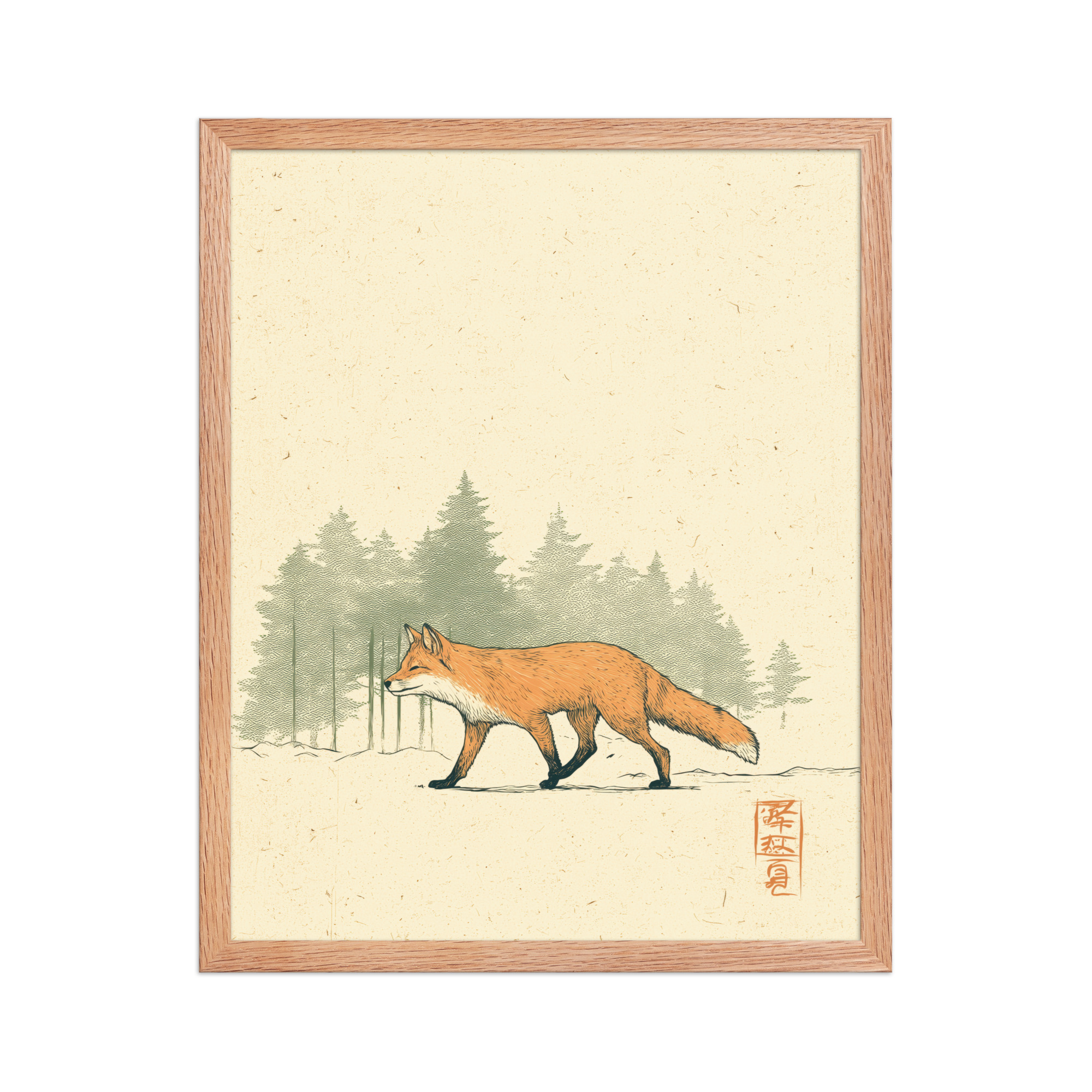enhanced-matte-paper-framed-poster-in-red-oak-16x20-front-68f9031fd0248.jpg Fox in Pines — Red Fox Illustration on Textured Paper Wall Decor — Framed Poster - Image 13