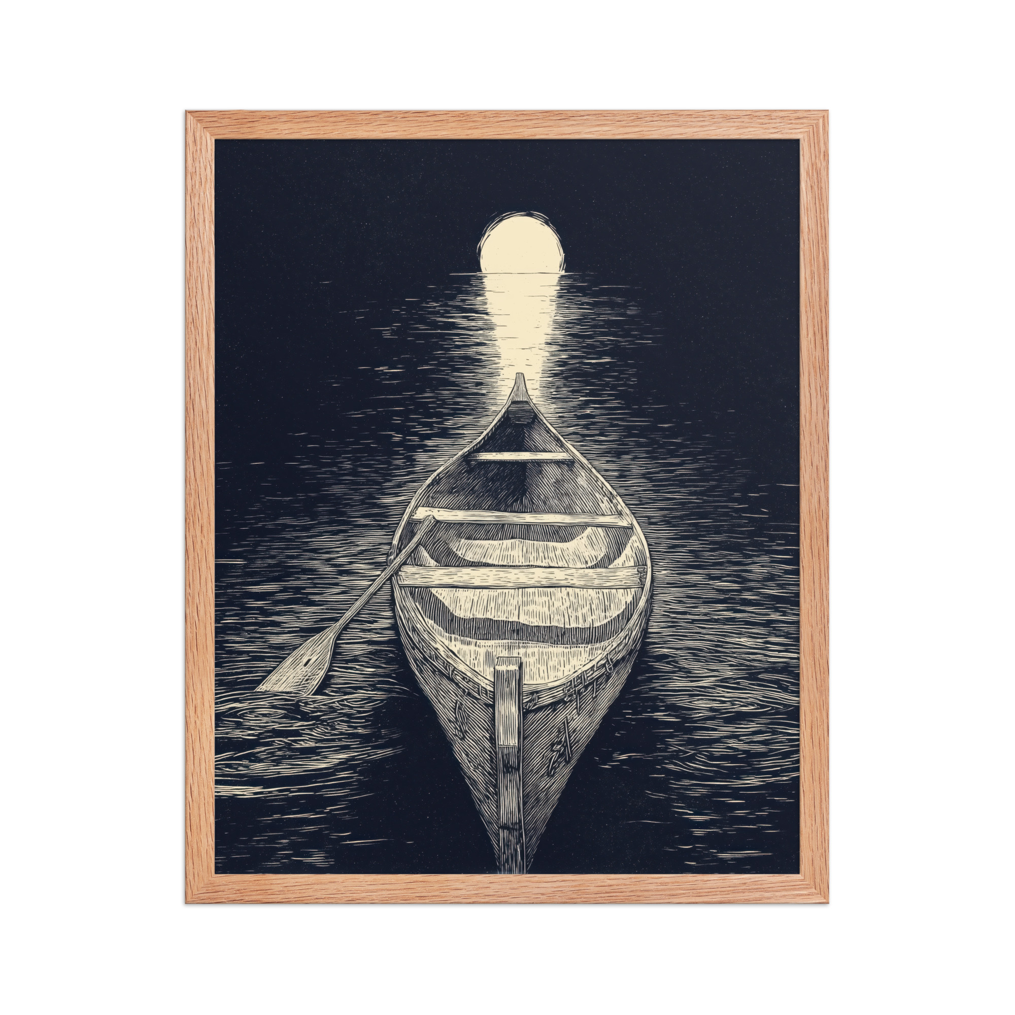 enhanced-matte-paper-framed-poster-in-red-oak-16x20-front-68f9cc5aaa8ca.jpg Moonlit Canoe — Woodcut Night Lake Wall Art — Framed Poster - Image 8