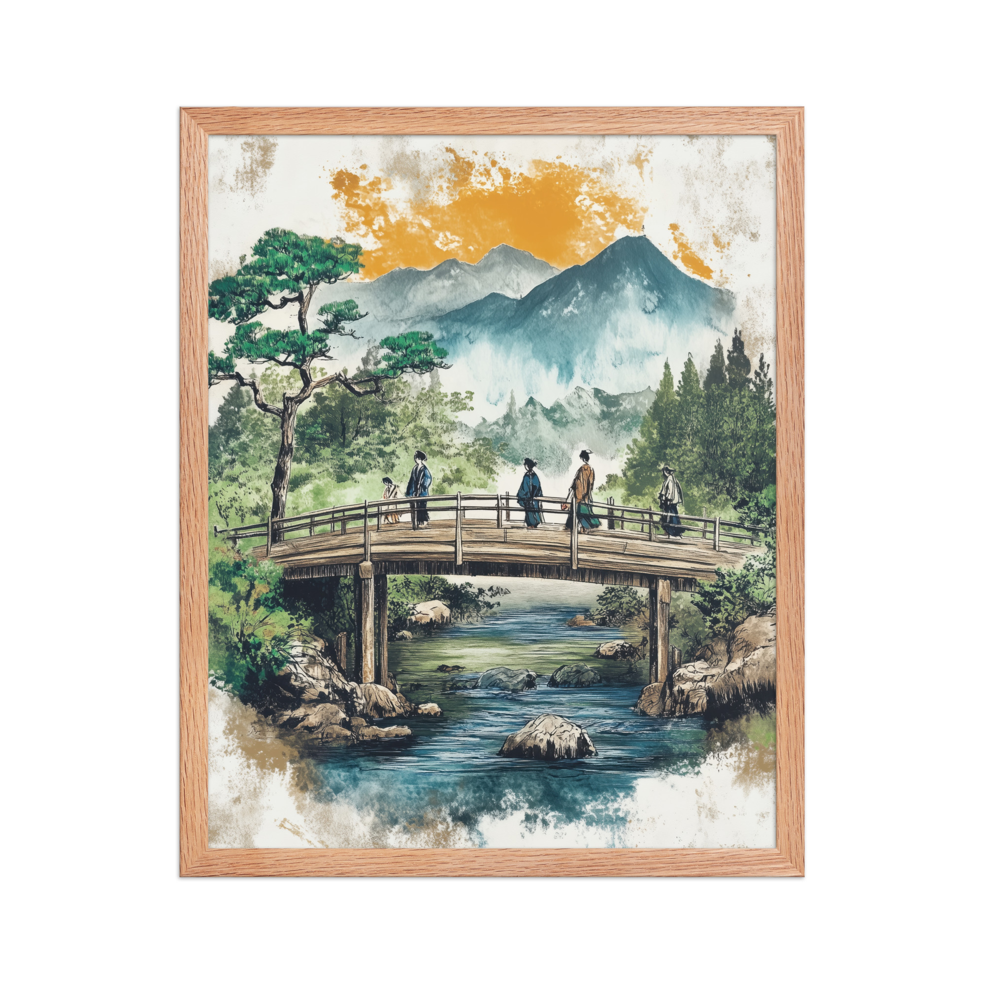 enhanced-matte-paper-framed-poster-in-red-oak-16x20-front-68f9f20379b25.jpg Bridge to the Highlands – Ukiyo-e Mountain Bridge Wall Art – Framed Poster - Image 11