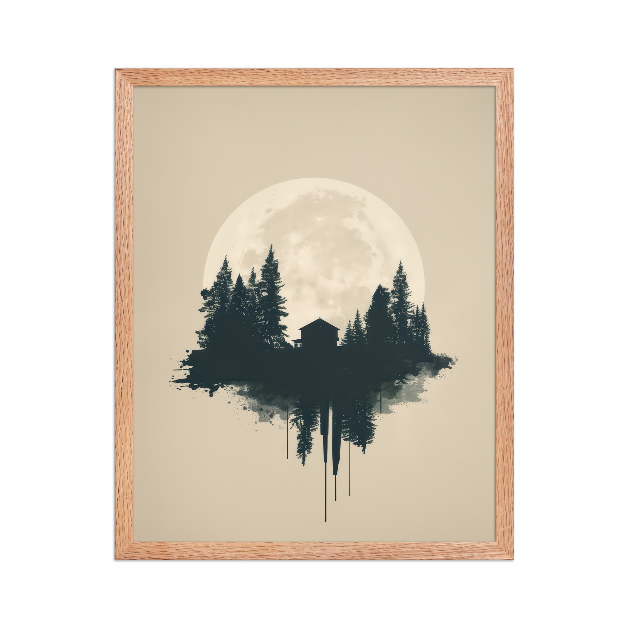 enhanced-matte-paper-framed-poster-in-red-oak-16x20-front-68f9ff049a9c2.jpg Full Moon Shelter — Minimalistic Forest House Wall Decor — Framed Poster - Image 9