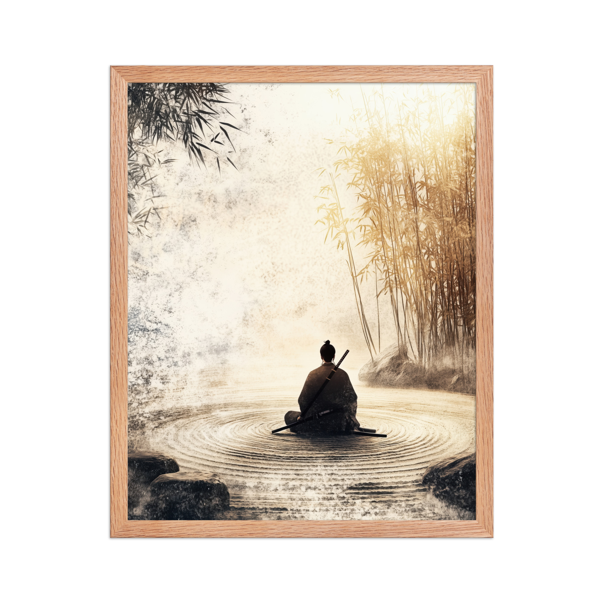enhanced-matte-paper-framed-poster-in-red-oak-16x20-front-68fa162ed26d3.jpg Zen Samurai in Bamboo Light – Neutral Sumi-e Ink Samurai Meditation Wall Art – Framed Poster - Image 9