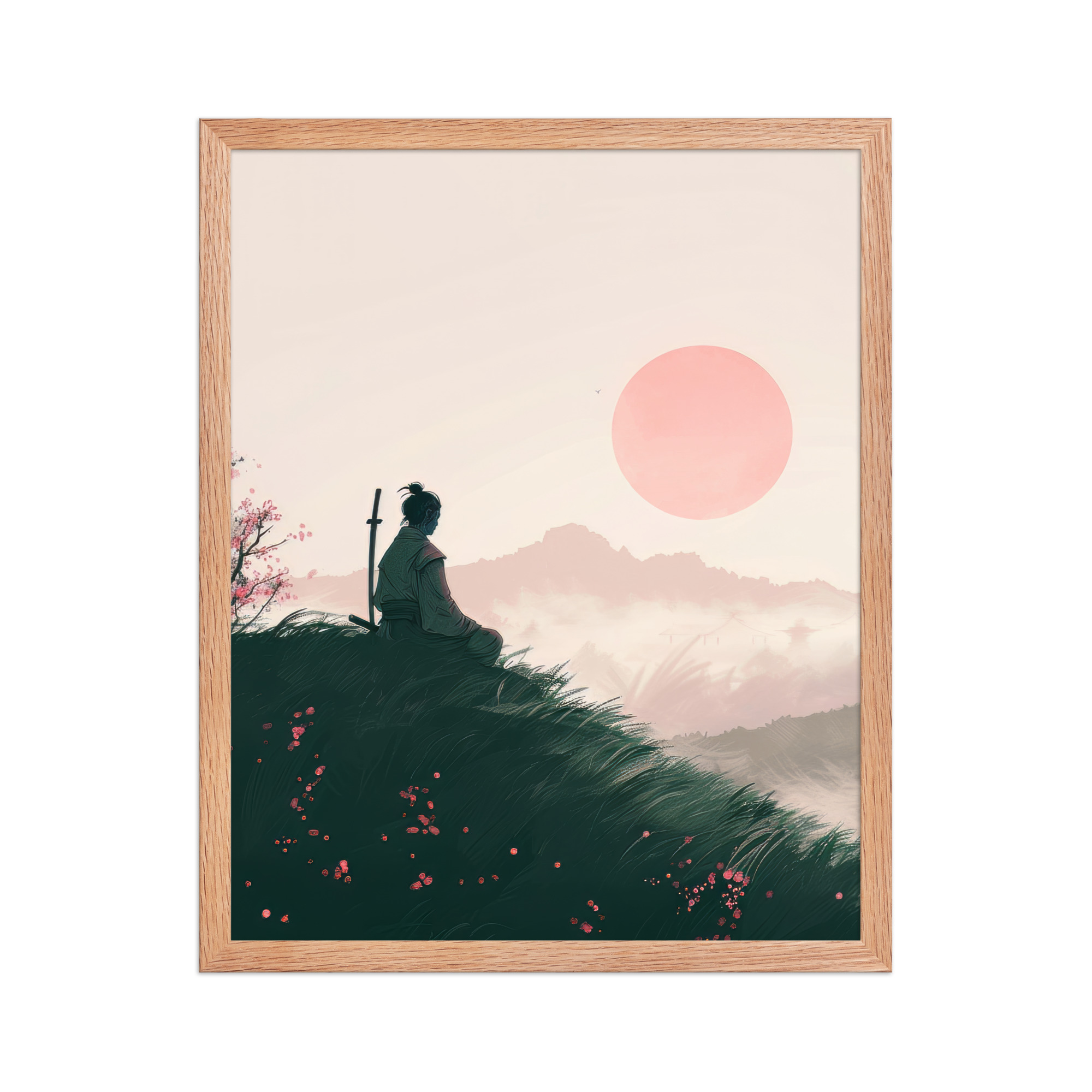 enhanced-matte-paper-framed-poster-in-red-oak-16x20-front-68fa1673975e5.jpg Samurai at Dawn – Pink Sun Over Hills Quiet Strength at Daybreak Wall Decor – Framed Poster - Image 11