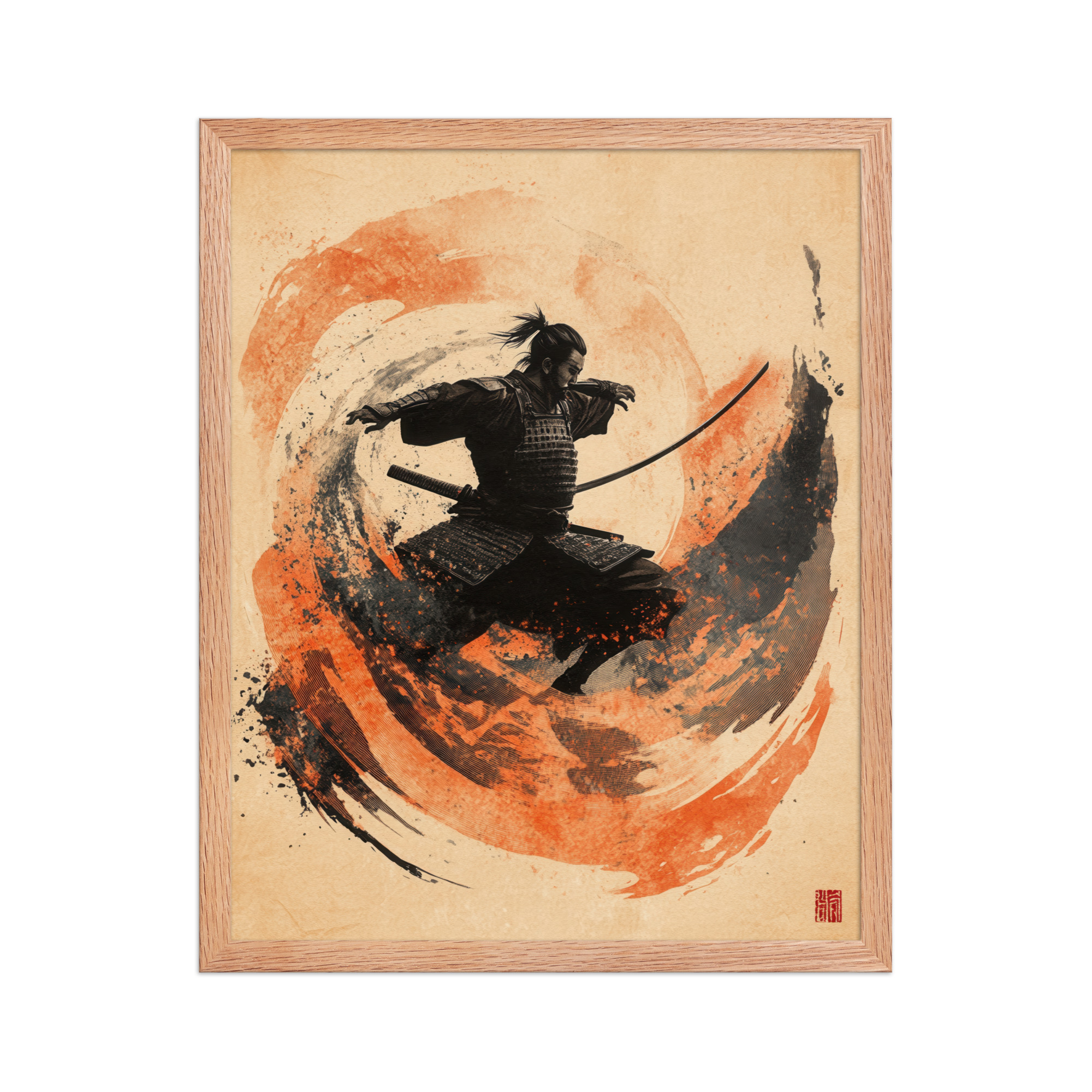 enhanced-matte-paper-framed-poster-in-red-oak-16x20-front-68fa2225eb643.jpg Samurai Swirl – Brush-Stroke Motion and Warrior Focus Wall Decor – Framed Poster - Image 5