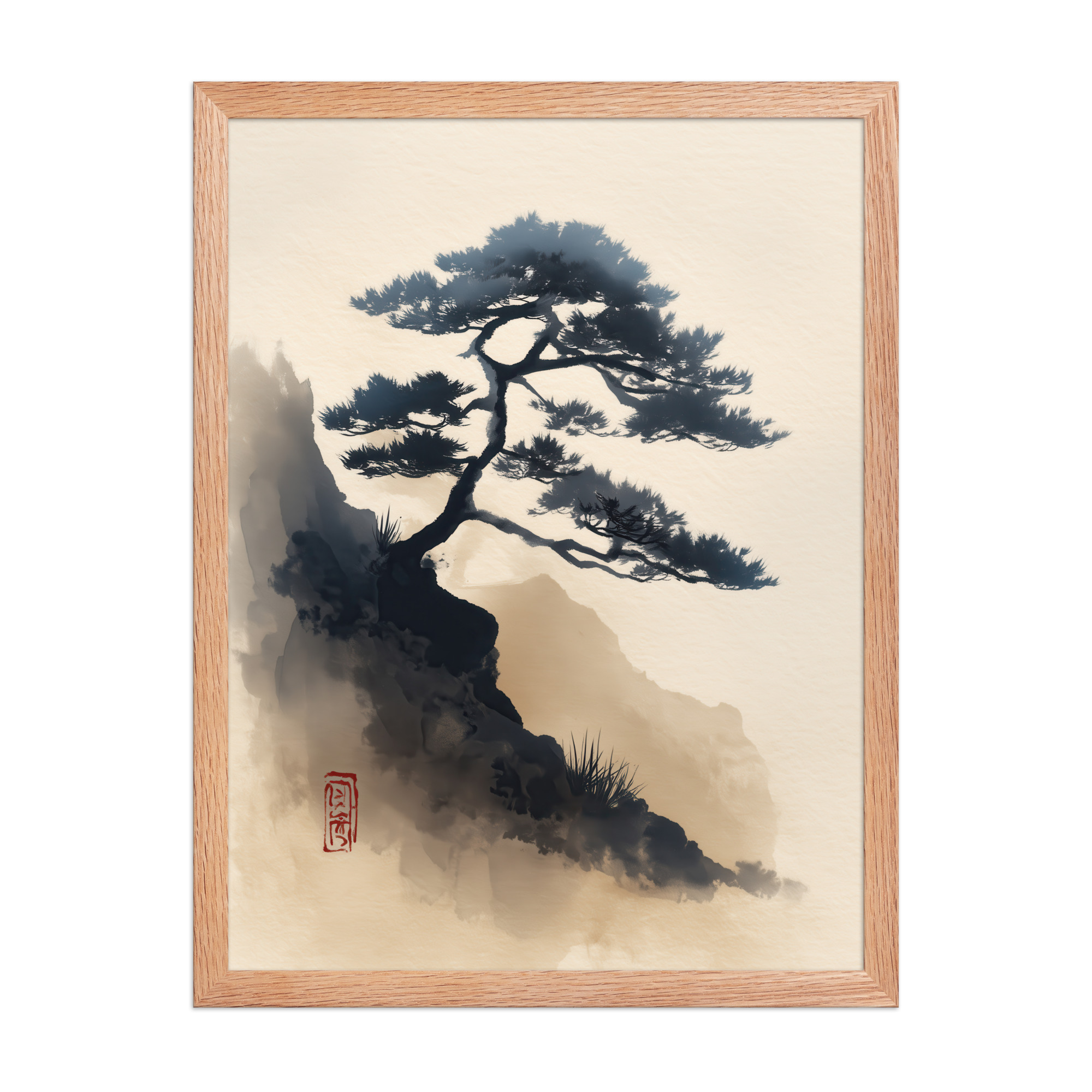 enhanced-matte-paper-framed-poster-in-red-oak-18x24-front-68f87d0d3c655.jpg Mountain Pine in Soft Ink — Sumi-e Japanese Landscape Wall Decor — Framed Poster - Image 12