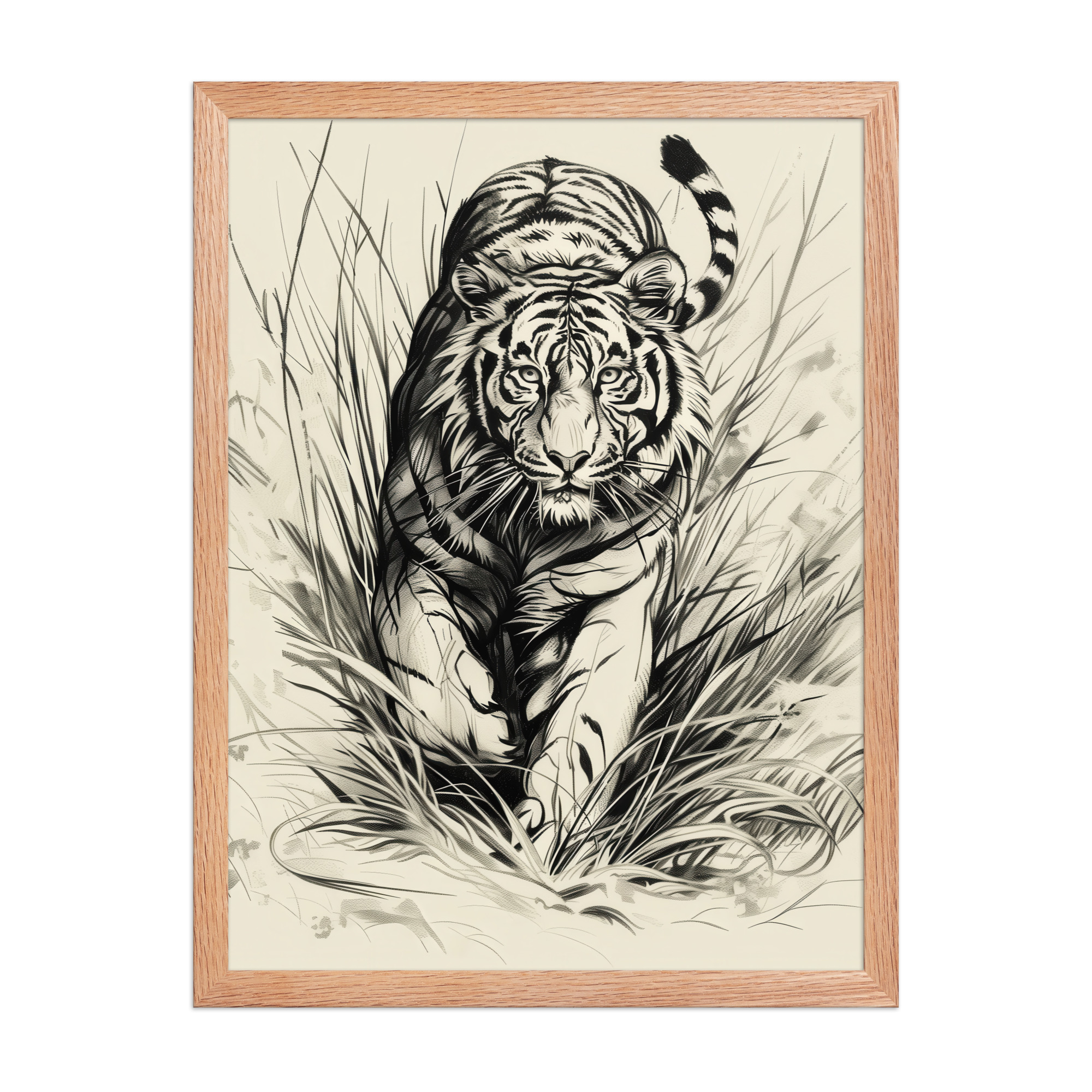 enhanced-matte-paper-framed-poster-in-red-oak-18x24-front-68f89b4893b6f.jpg Tiger in Brush — Monochrome Ink Bengal Tiger Wall Art — Framed Poster - Image 6