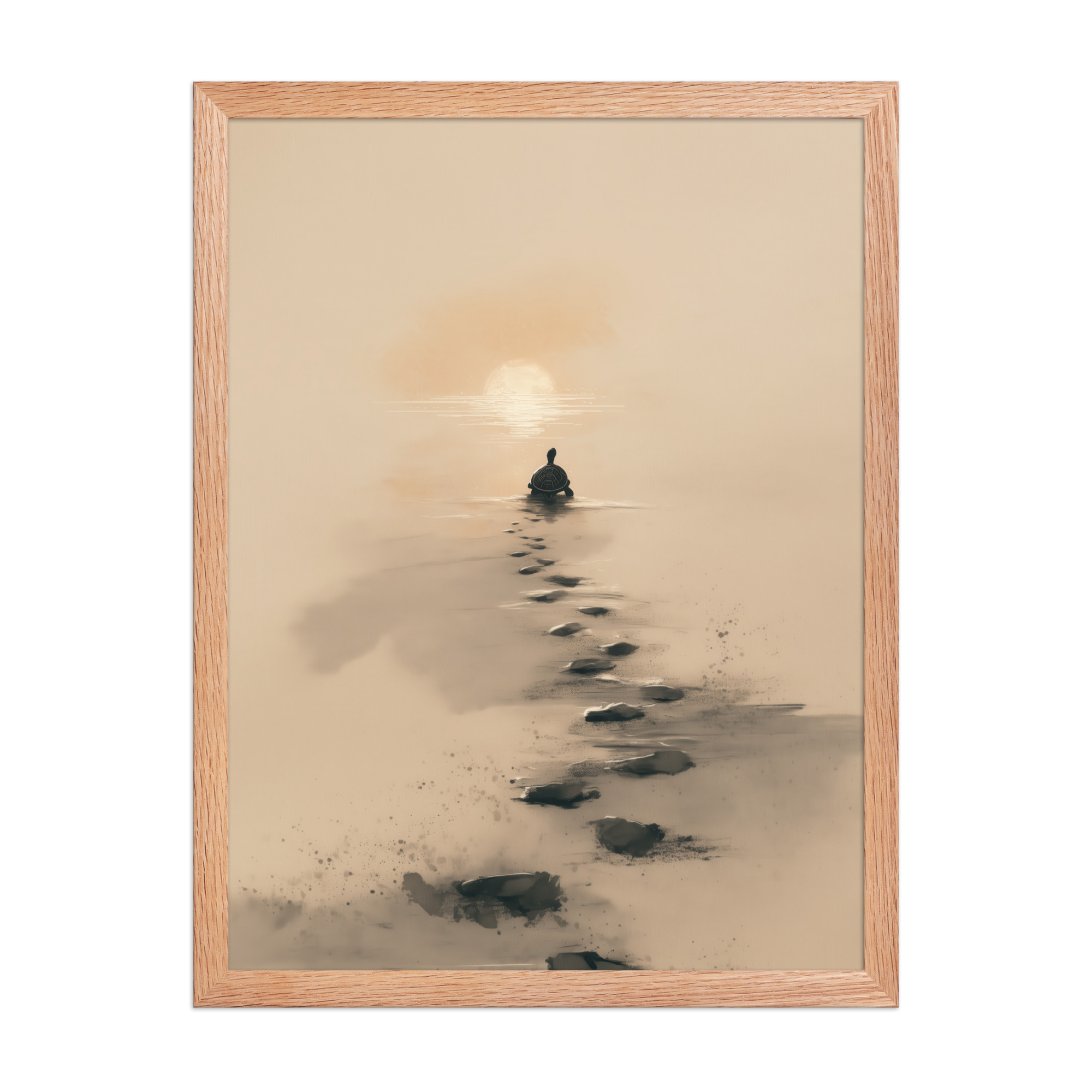 enhanced-matte-paper-framed-poster-in-red-oak-18x24-front-68f8a9c685acd.jpg Turtle Sunset Path — Minimalist Japandi Turtle with Footprints Beach Sunset Wall Decor — Framed Poster - Image 14