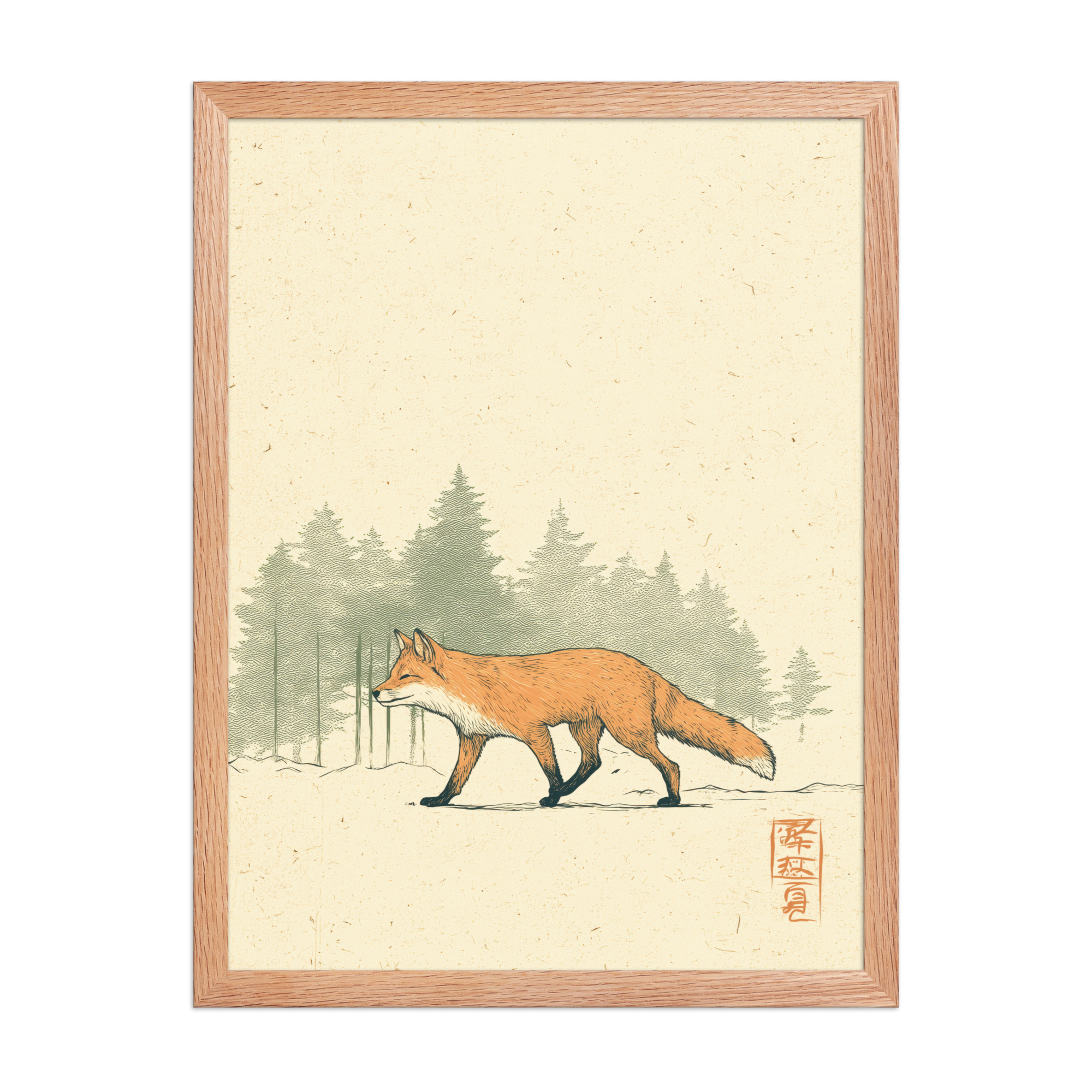 enhanced-matte-paper-framed-poster-in-red-oak-18x24-front-68f9031fd02ed.jpg Fox in Pines — Red Fox Illustration on Textured Paper Wall Decor — Framed Poster - Image 14