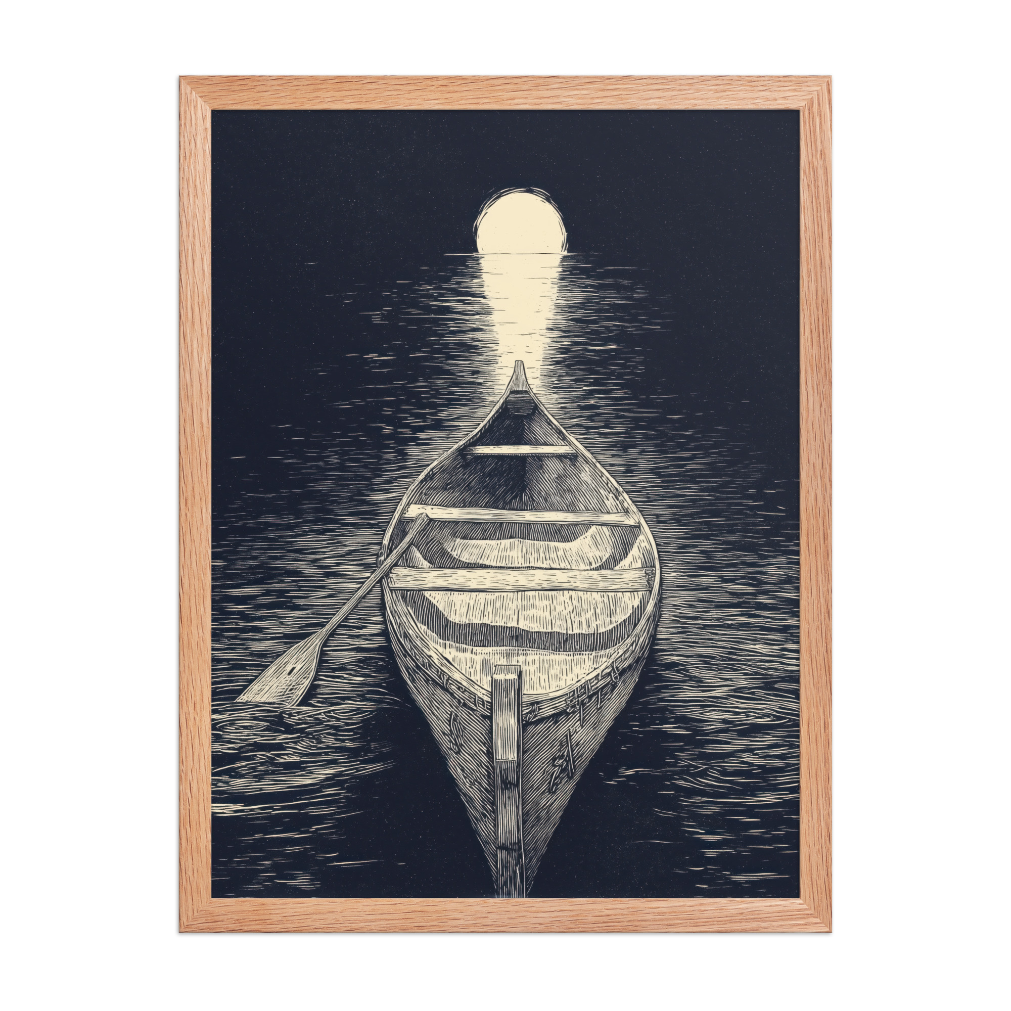enhanced-matte-paper-framed-poster-in-red-oak-18x24-front-68f9cc5aaa9a5.jpg Moonlit Canoe — Woodcut Night Lake Wall Art — Framed Poster - Image 9