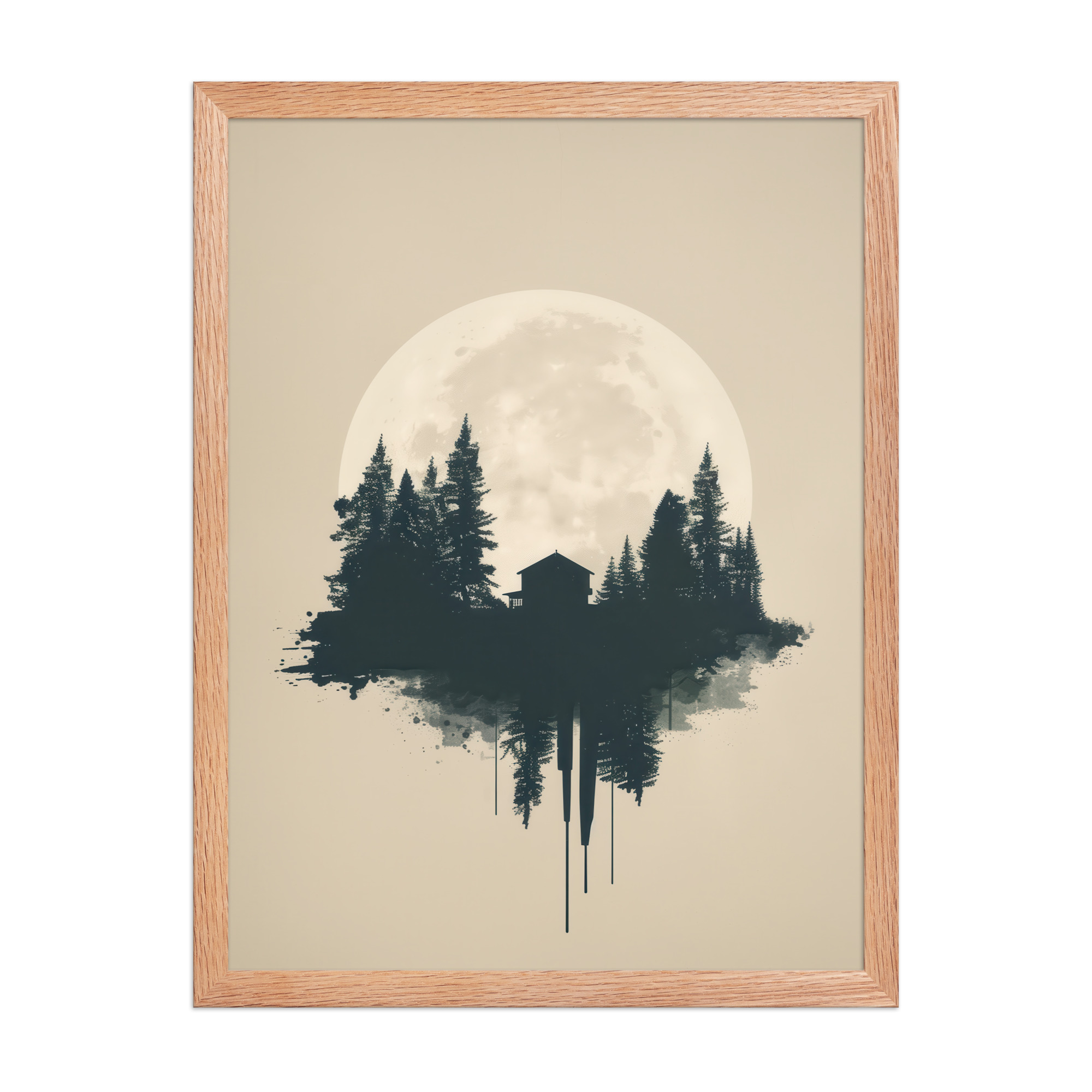 enhanced-matte-paper-framed-poster-in-red-oak-18x24-front-68f9ff049aac0.jpg Full Moon Shelter — Minimalistic Forest House Wall Decor — Framed Poster - Image 10