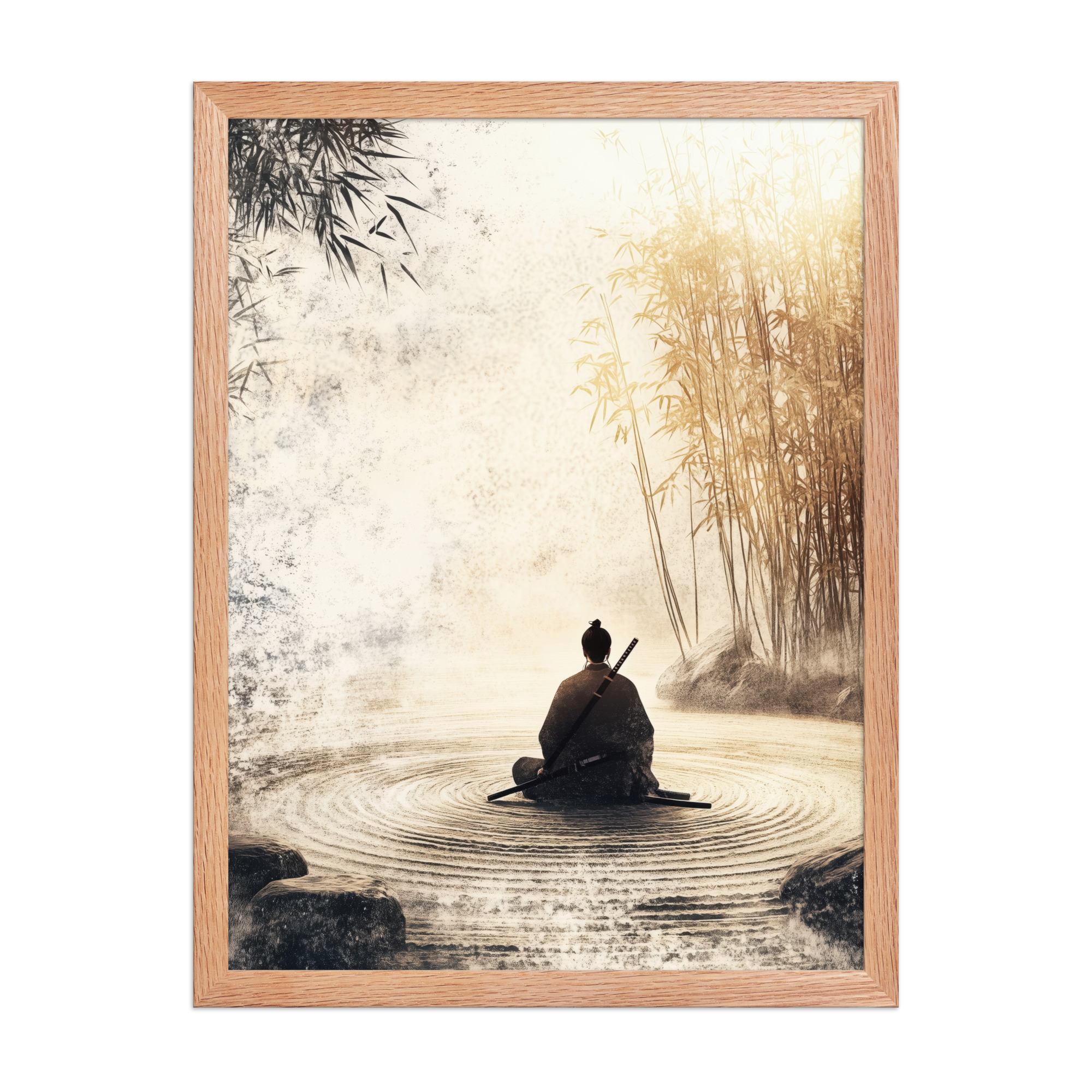 enhanced-matte-paper-framed-poster-in-red-oak-18x24-front-68fa162ed2760.jpg Zen Samurai in Bamboo Light – Neutral Sumi-e Ink Samurai Meditation Wall Art – Framed Poster - Image 10