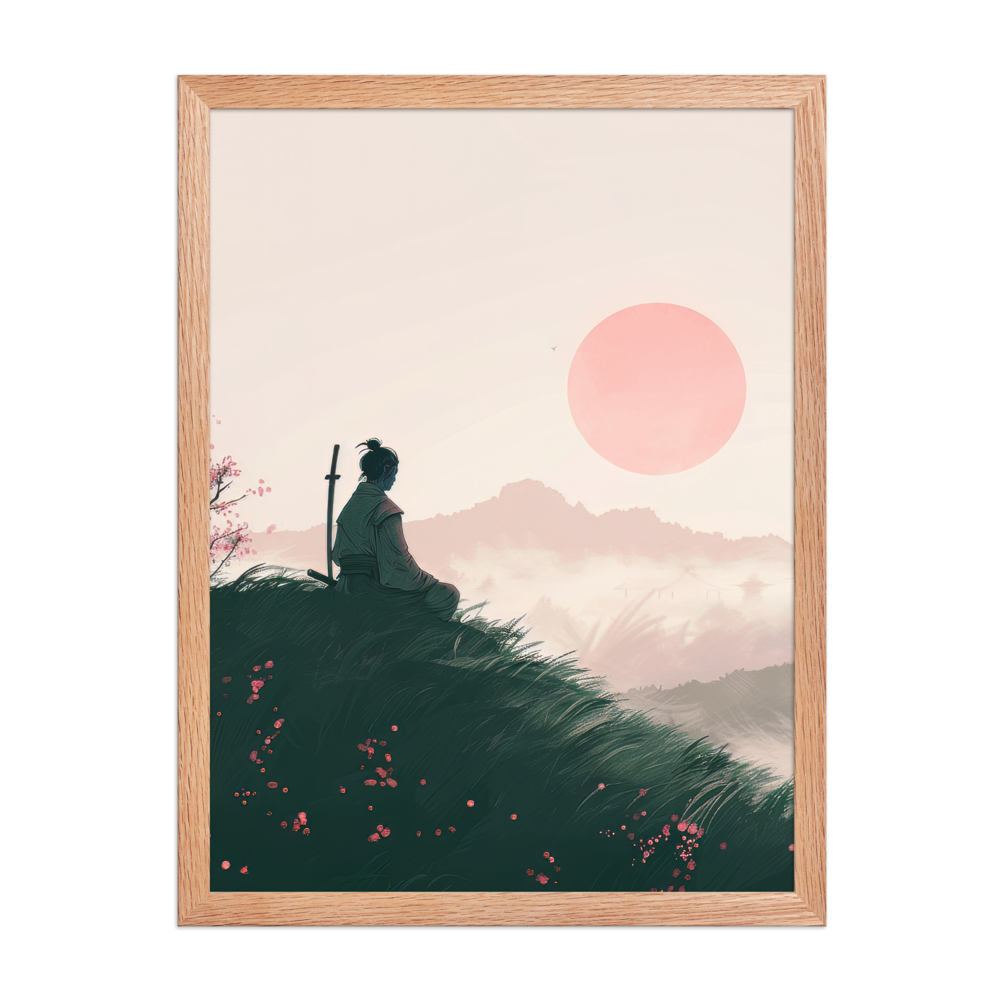 enhanced-matte-paper-framed-poster-in-red-oak-18x24-front-68fa167397670.jpg Samurai at Dawn – Pink Sun Over Hills Quiet Strength at Daybreak Wall Decor – Framed Poster - Image 12