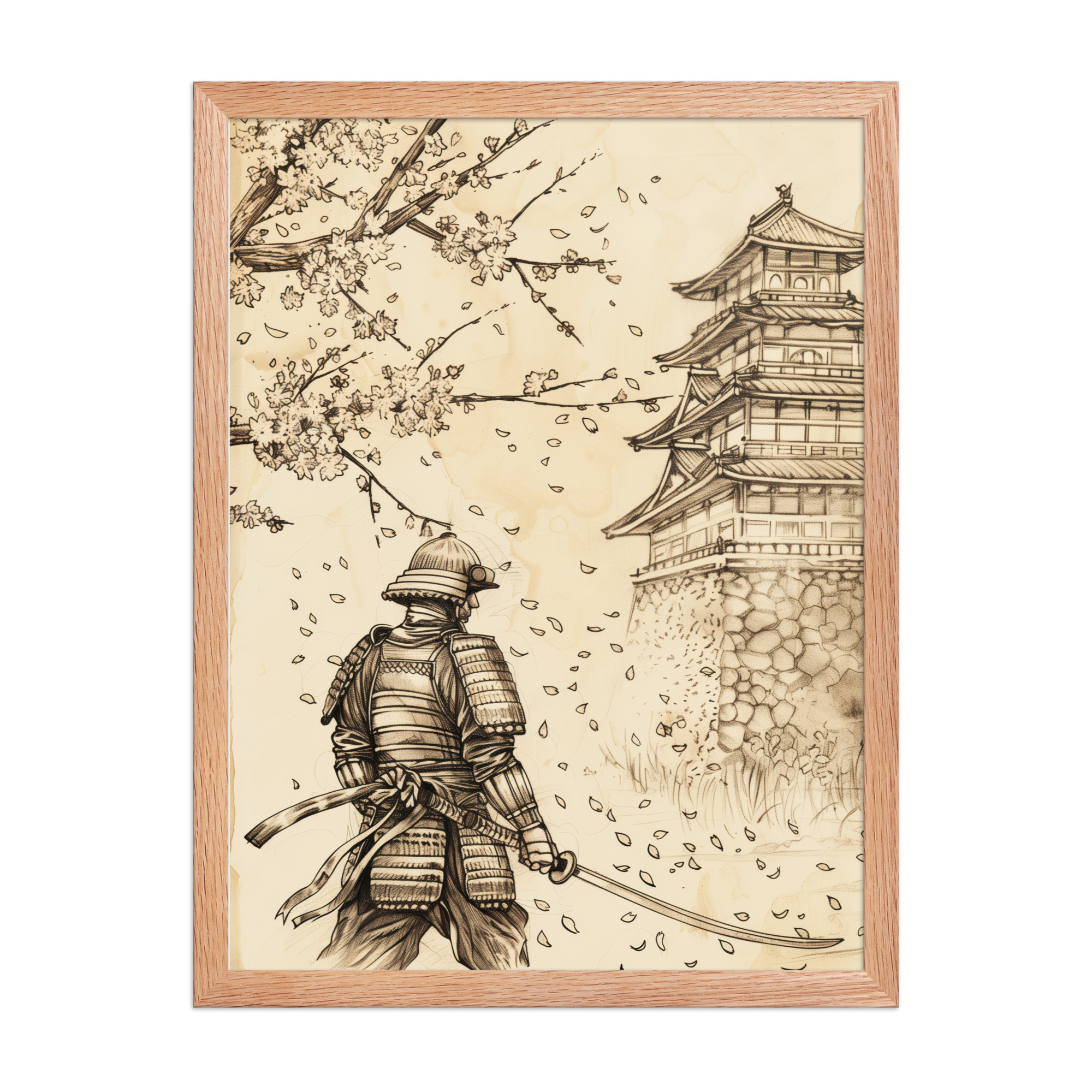 enhanced-matte-paper-framed-poster-in-red-oak-18x24-front-68fa21f40241a.jpg Samurai Under Cherry Blossoms – Castle Breeze and Falling Petals Wall Art – Framed Poster - Image 4