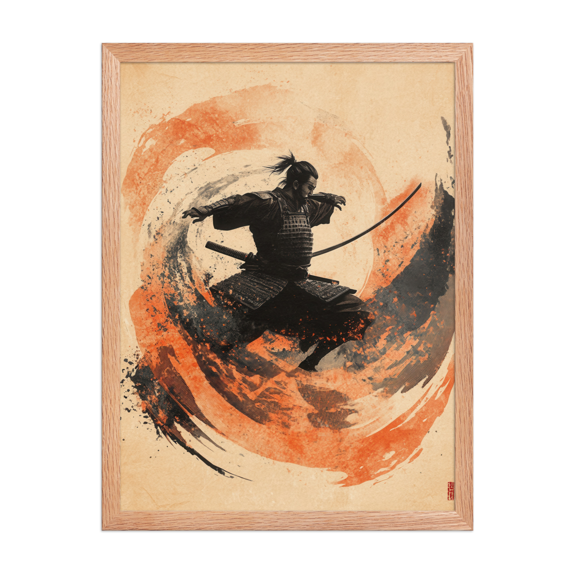 enhanced-matte-paper-framed-poster-in-red-oak-18x24-front-68fa2225eb72e.jpg Samurai Swirl – Brush-Stroke Motion and Warrior Focus Wall Decor – Framed Poster - Image 6