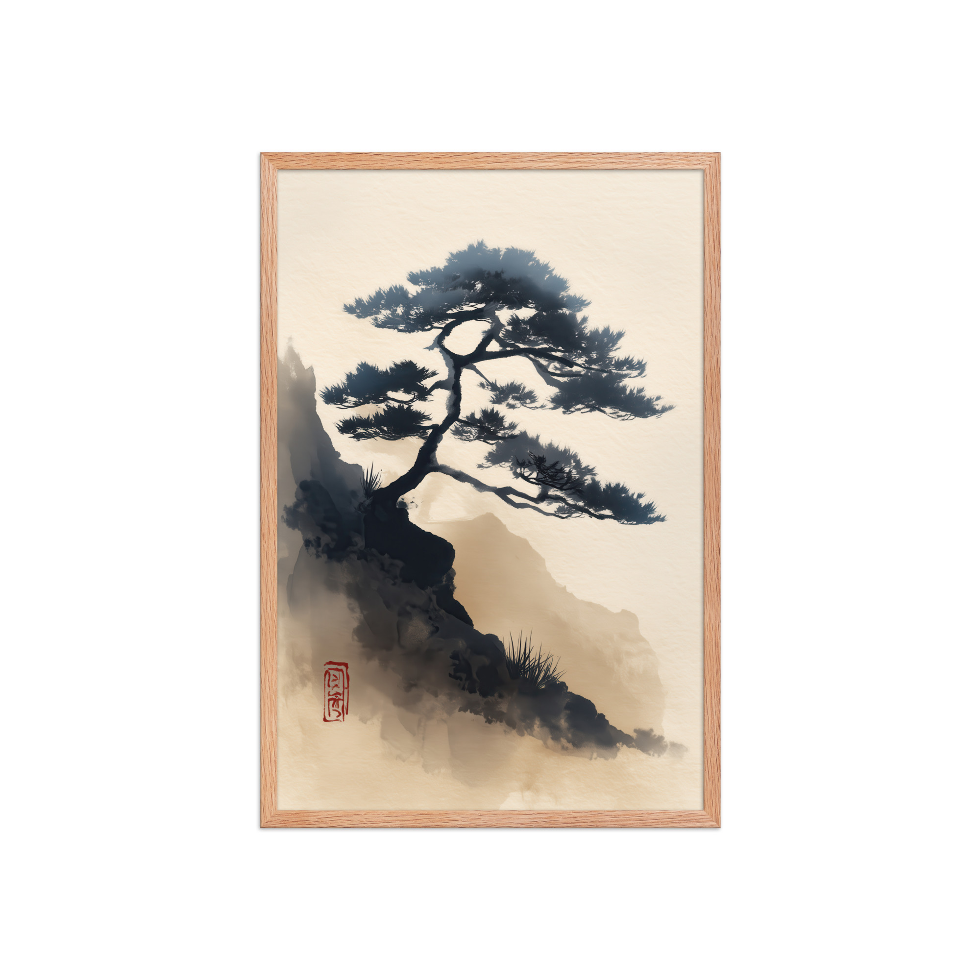 enhanced-matte-paper-framed-poster-in-red-oak-20x30-front-68f87d0d3c712.jpg Mountain Pine in Soft Ink — Sumi-e Japanese Landscape Wall Decor — Framed Poster - Image 13