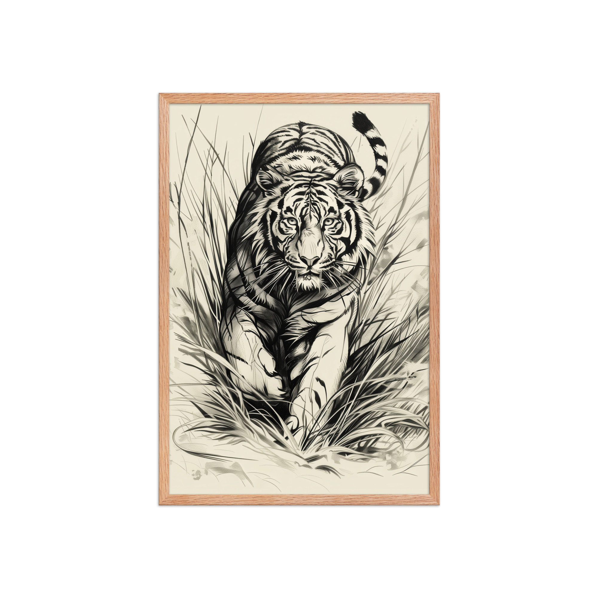 enhanced-matte-paper-framed-poster-in-red-oak-20x30-front-68f89b4893bf9.jpg Tiger in Brush — Monochrome Ink Bengal Tiger Wall Art — Framed Poster - Image 7