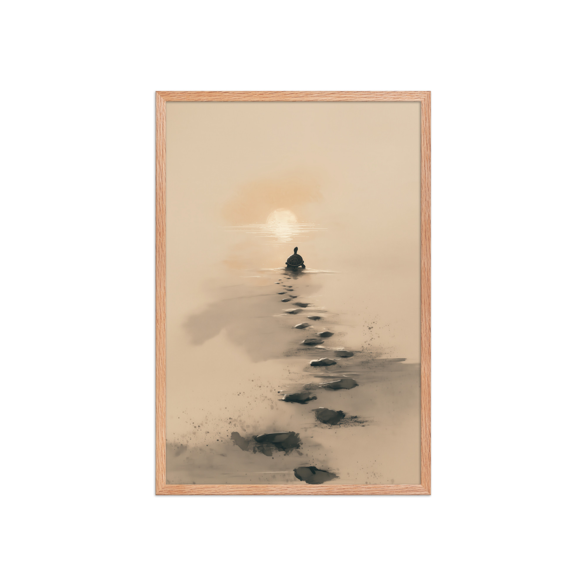 enhanced-matte-paper-framed-poster-in-red-oak-20x30-front-68f8a9c685b53.jpg Turtle Sunset Path — Minimalist Japandi Turtle with Footprints Beach Sunset Wall Decor — Framed Poster - Image 15