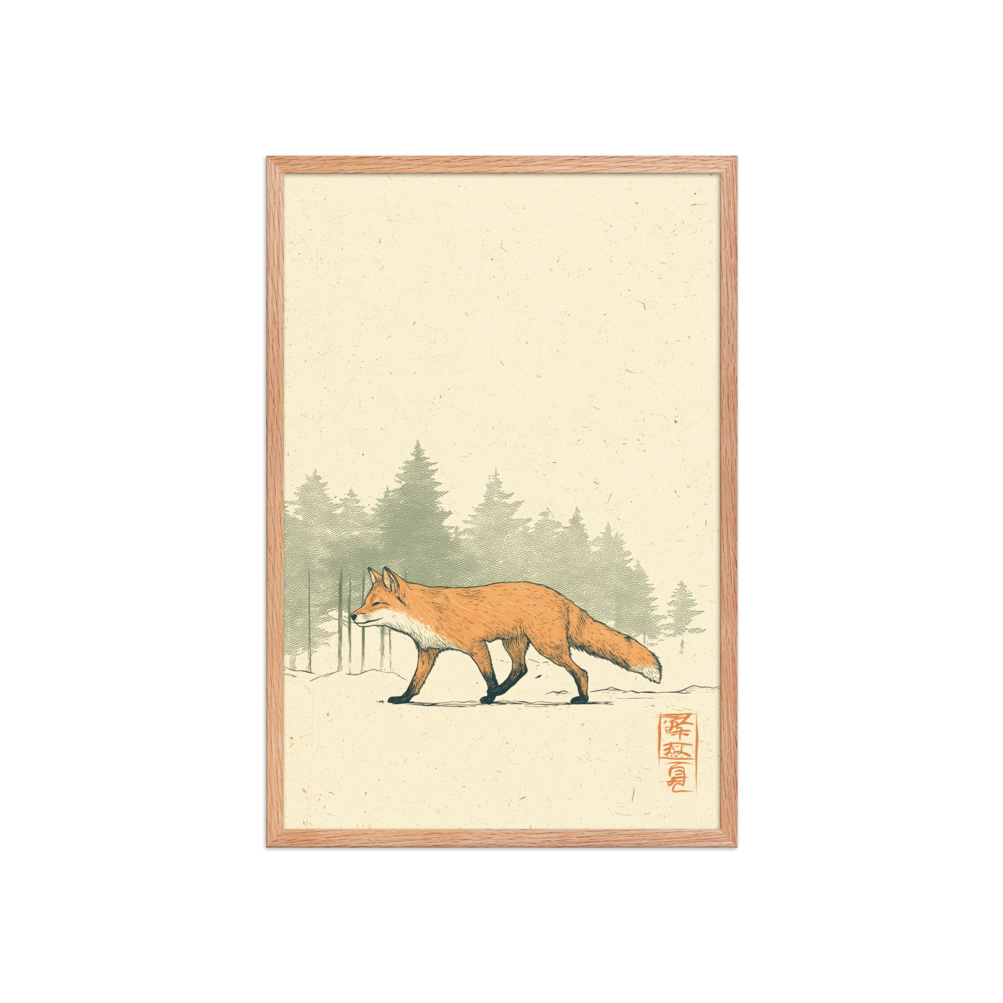 enhanced-matte-paper-framed-poster-in-red-oak-20x30-front-68f9031fd0384.jpg Fox in Pines — Red Fox Illustration on Textured Paper Wall Decor — Framed Poster - Image 15
