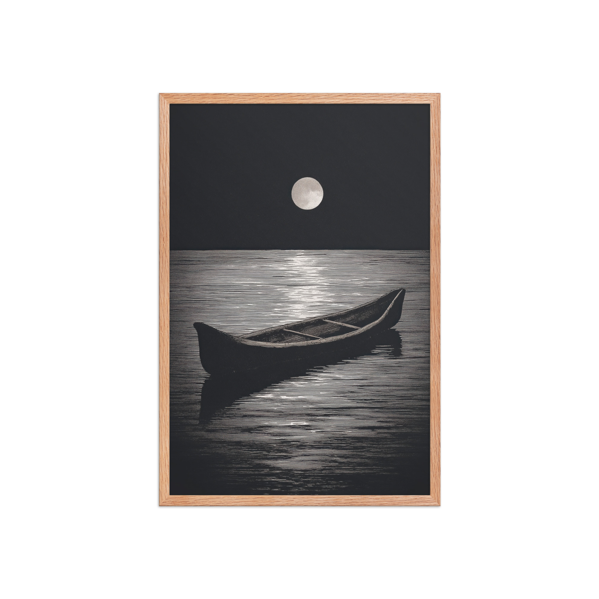 enhanced-matte-paper-framed-poster-in-red-oak-20x30-front-68f9d0a4e5c56.jpg Moonlit Canoe II — Minimal Silver Moon Night Wall Art — Framed Poster - Image 15