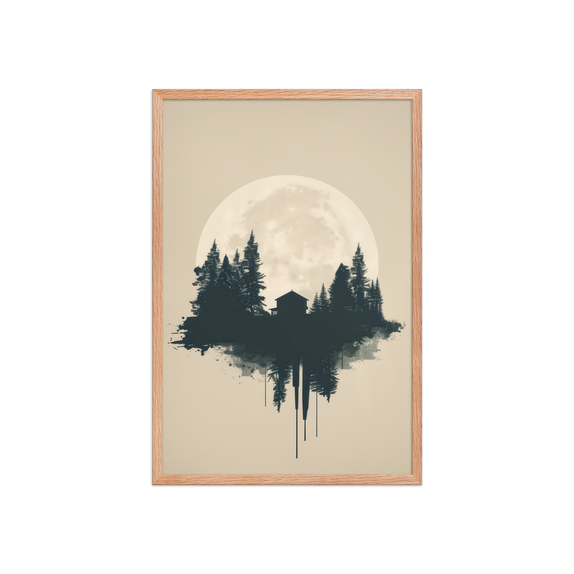 enhanced-matte-paper-framed-poster-in-red-oak-20x30-front-68f9ff049abc0.jpg Full Moon Shelter — Minimalistic Forest House Wall Decor — Framed Poster - Image 11