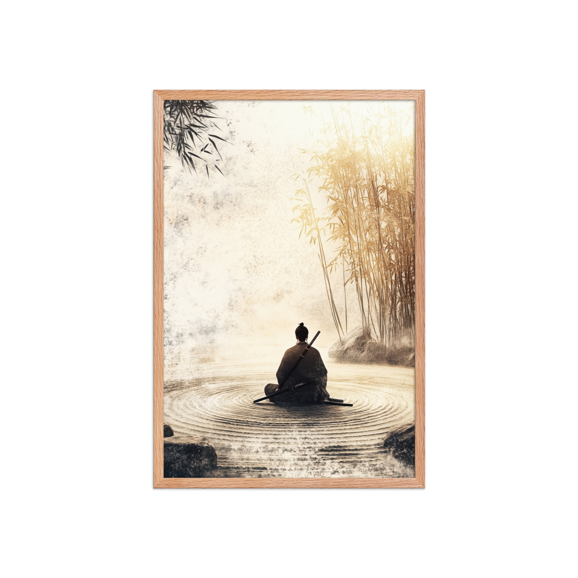 enhanced-matte-paper-framed-poster-in-red-oak-20x30-front-68fa162ed2800.jpg Zen Samurai in Bamboo Light – Neutral Sumi-e Ink Samurai Meditation Wall Art – Framed Poster - Image 11