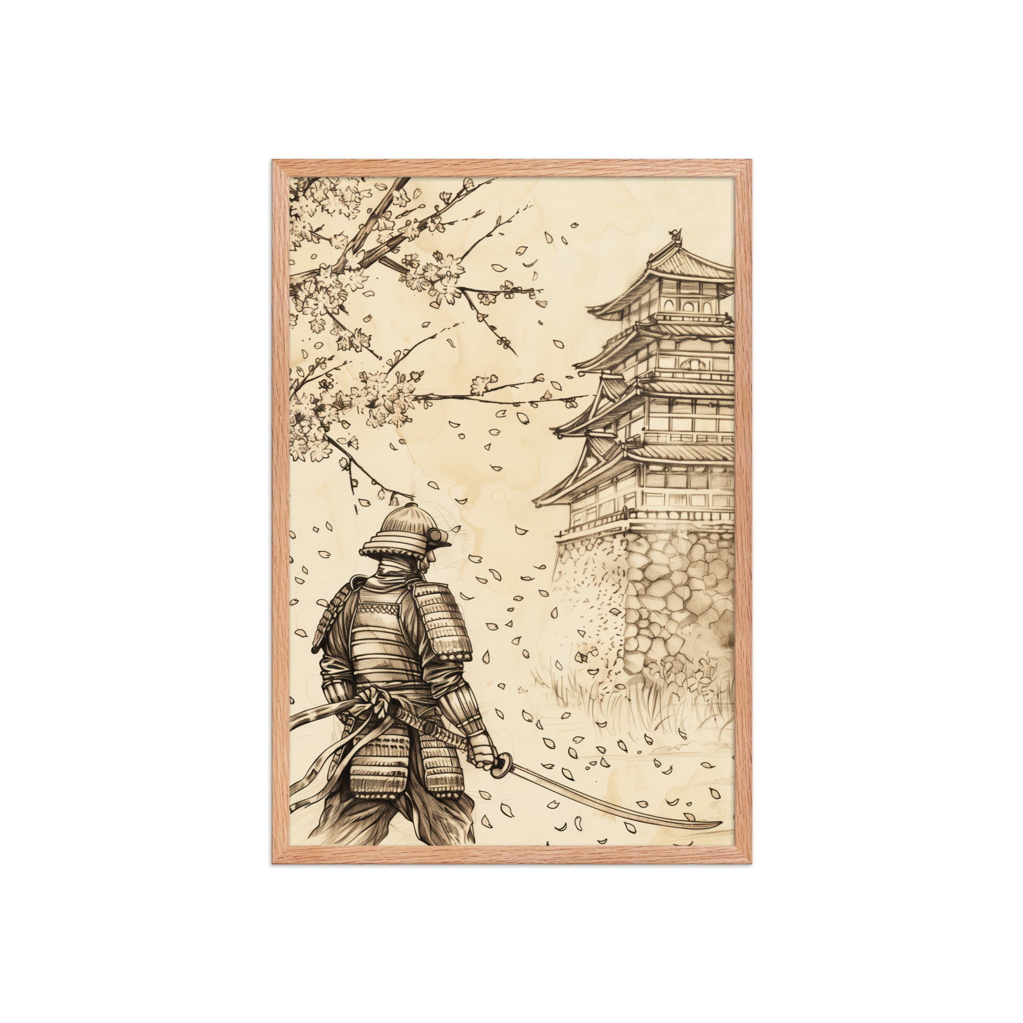 enhanced-matte-paper-framed-poster-in-red-oak-20x30-front-68fa21f4024a7.jpg Samurai Under Cherry Blossoms – Castle Breeze and Falling Petals Wall Art – Framed Poster - Image 5