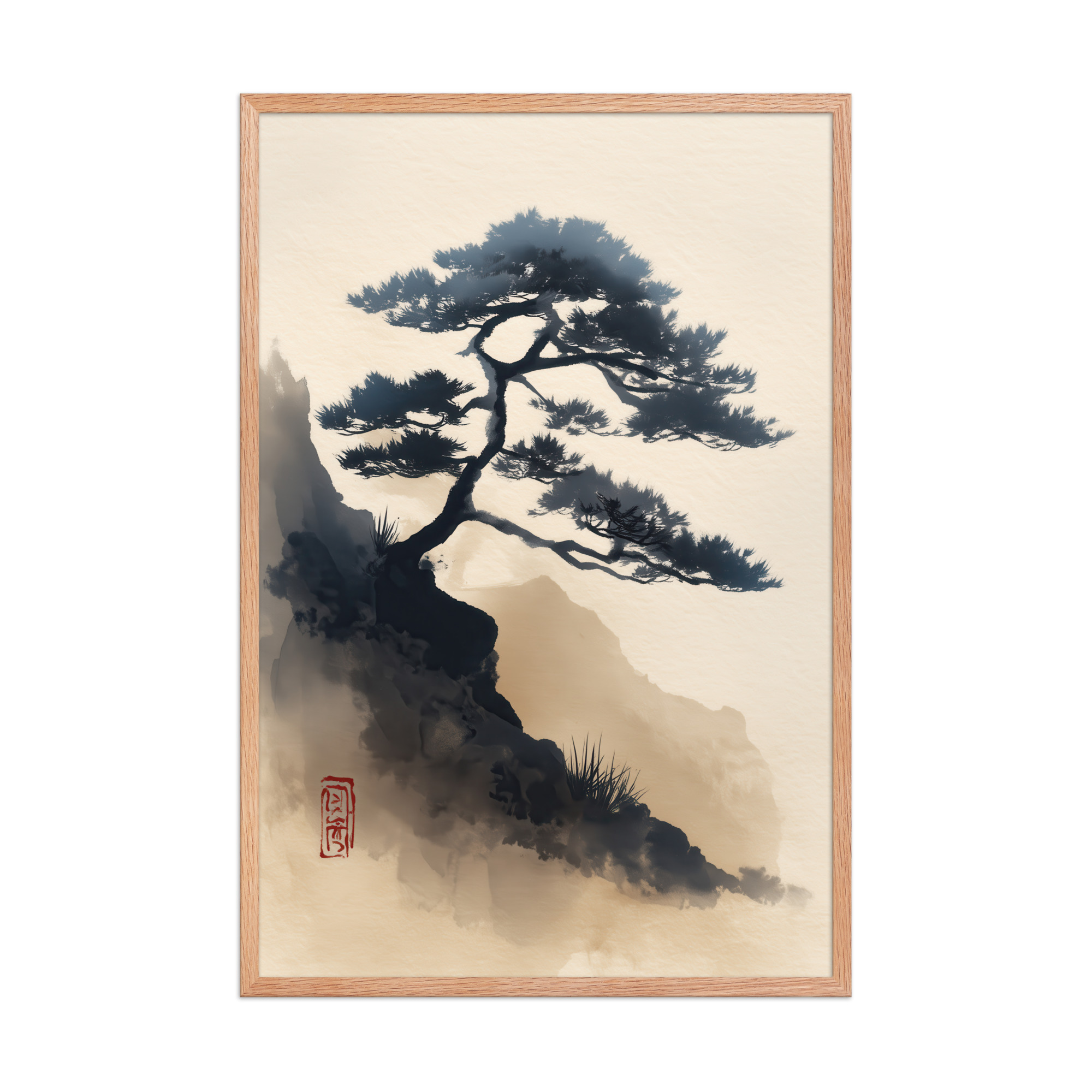 enhanced-matte-paper-framed-poster-in-red-oak-24x36-front-68f87d0d3c78d.jpg Mountain Pine in Soft Ink — Sumi-e Japanese Landscape Wall Decor — Framed Poster - Image 14