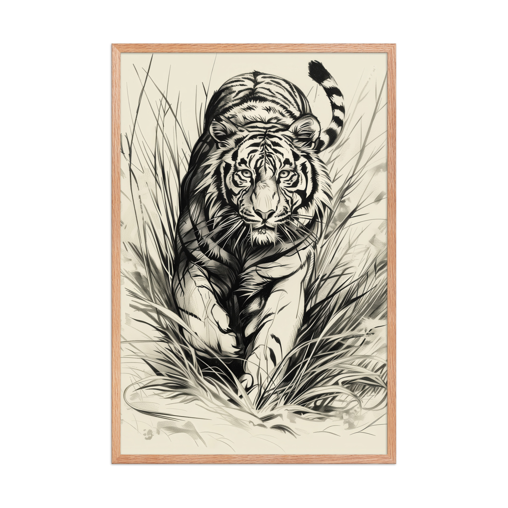 enhanced-matte-paper-framed-poster-in-red-oak-24x36-front-68f89b4893c3d.jpg Tiger in Brush — Monochrome Ink Bengal Tiger Wall Art — Framed Poster - Image 8